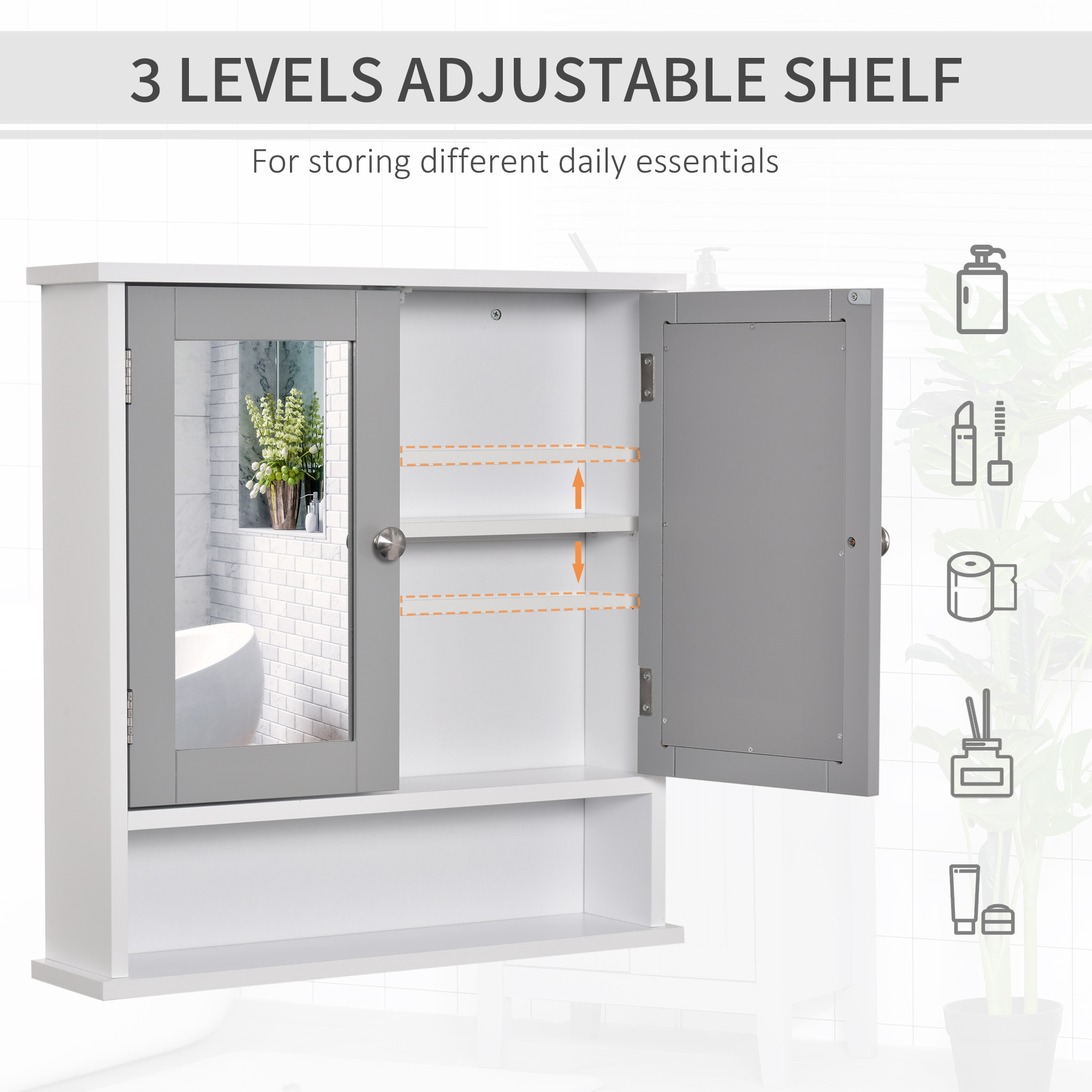 Kleankin Wall Mounted Bathroom Cabinet with Double Mirrored Doors, Storage Organiser and Shelf, Grey