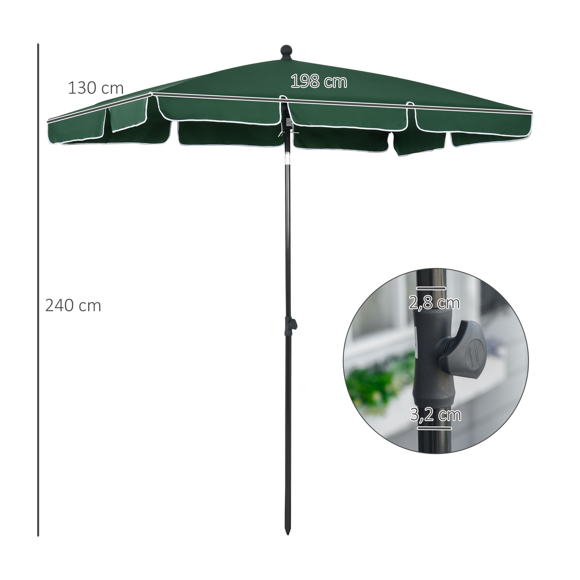 Outsunny Aluminium Sun Parasol, Rectangular Patio Garden Umbrella with Tilt, 2M x 1.25M, Green