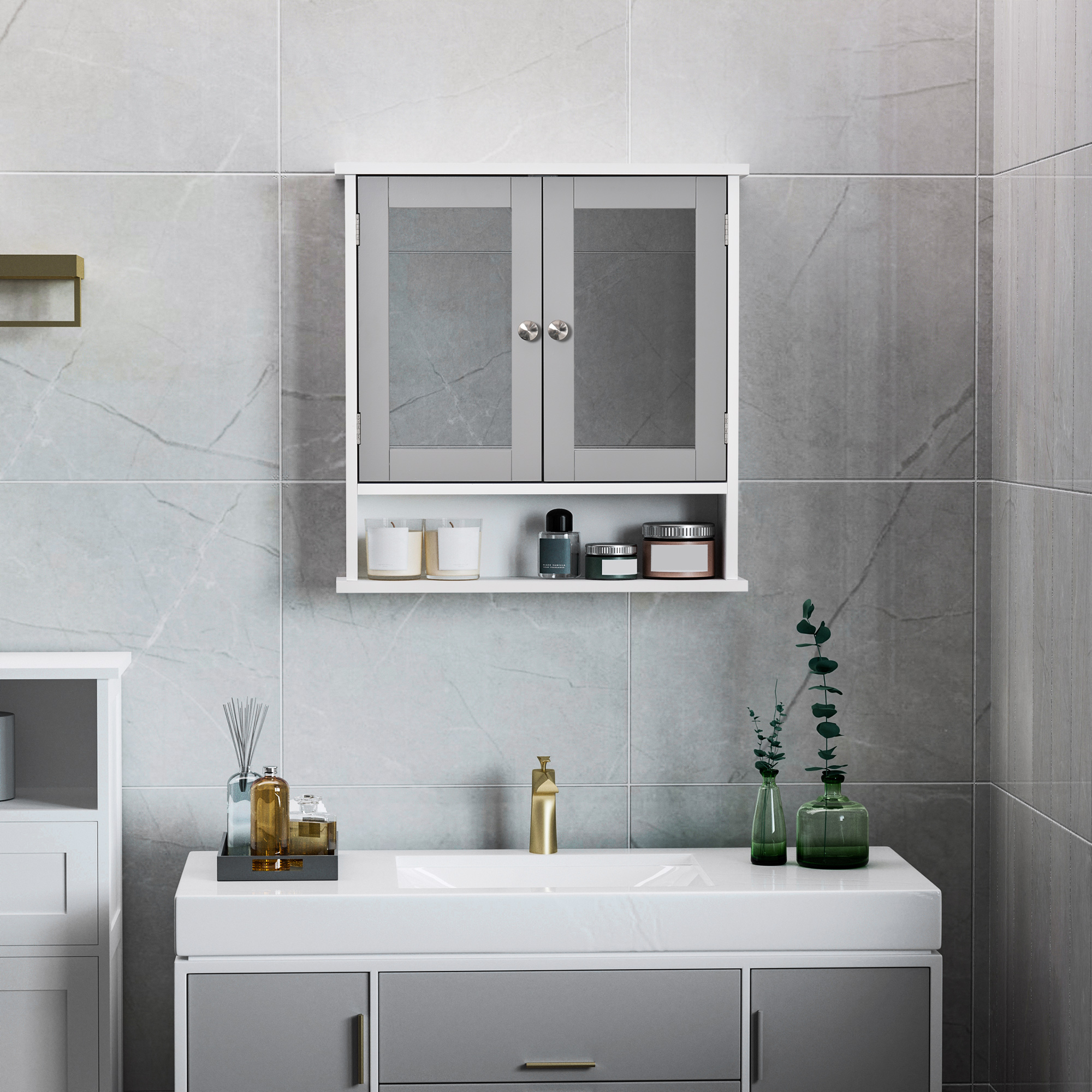 Kleankin Wall Mounted Bathroom Cabinet with Double Mirrored Doors, Storage Organiser and Shelf, Grey
