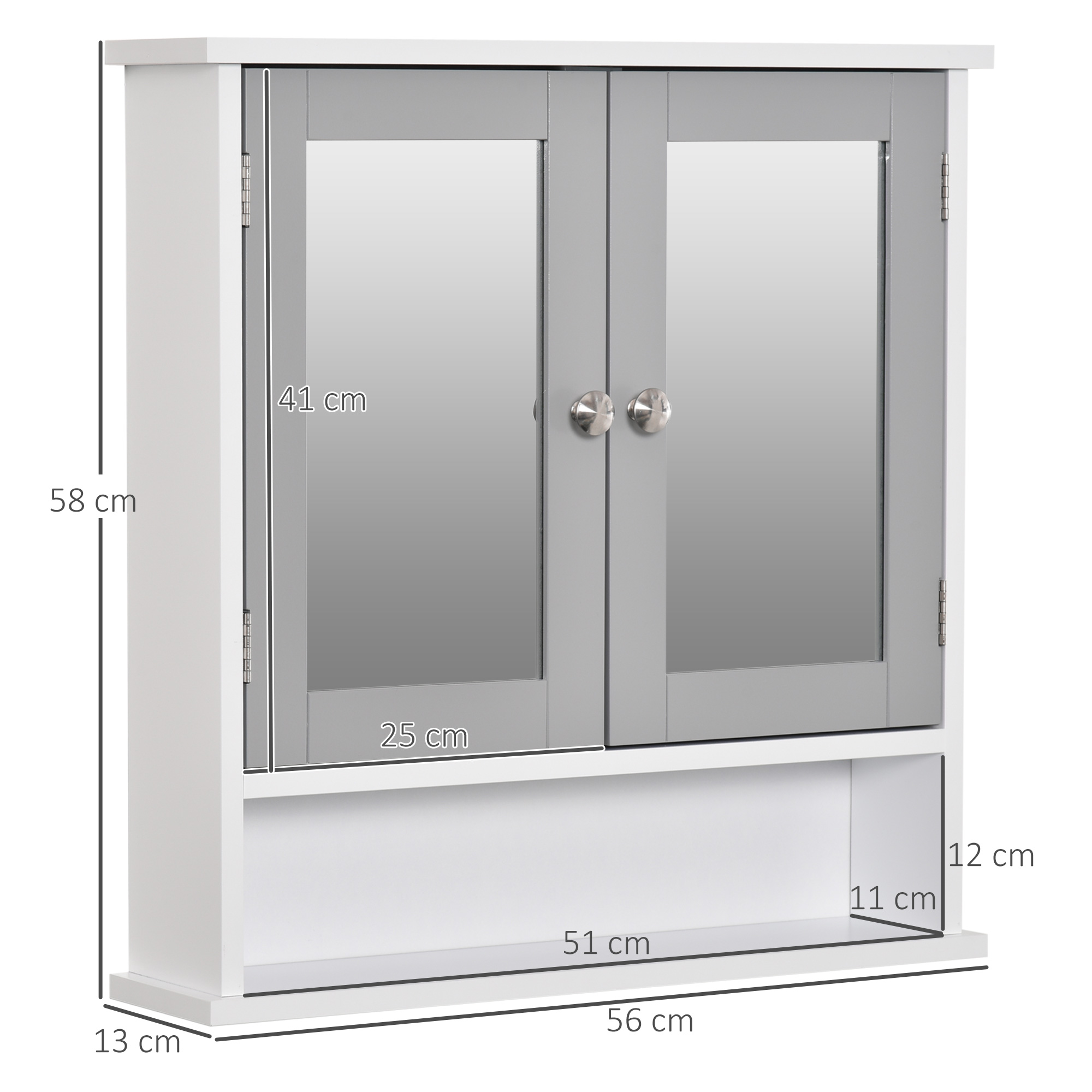 Kleankin Wall Mounted Bathroom Cabinet with Double Mirrored Doors, Storage Organiser and Shelf, Grey