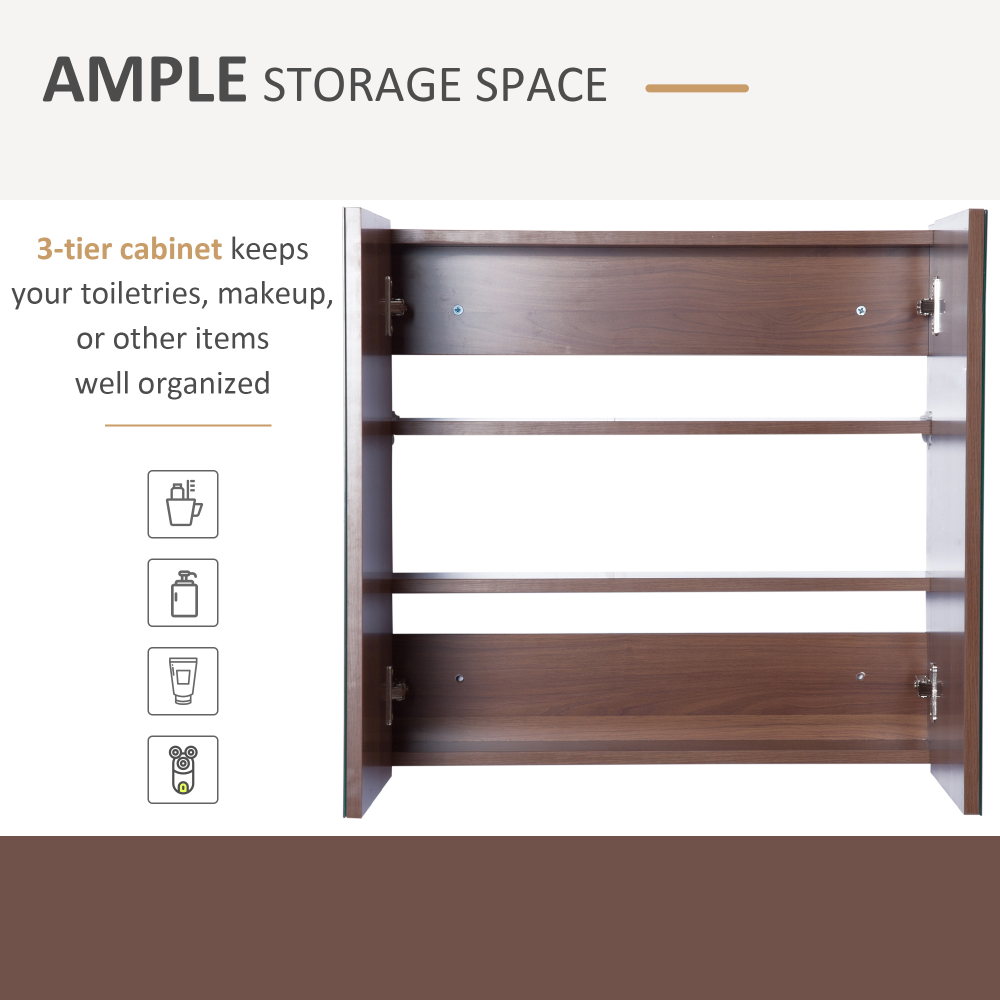 kleankin Wall Mounted Glass Bathroom Mirror Cabinet Storage Shelf, 63Wx60Hx13.5T cm-Light Walnut