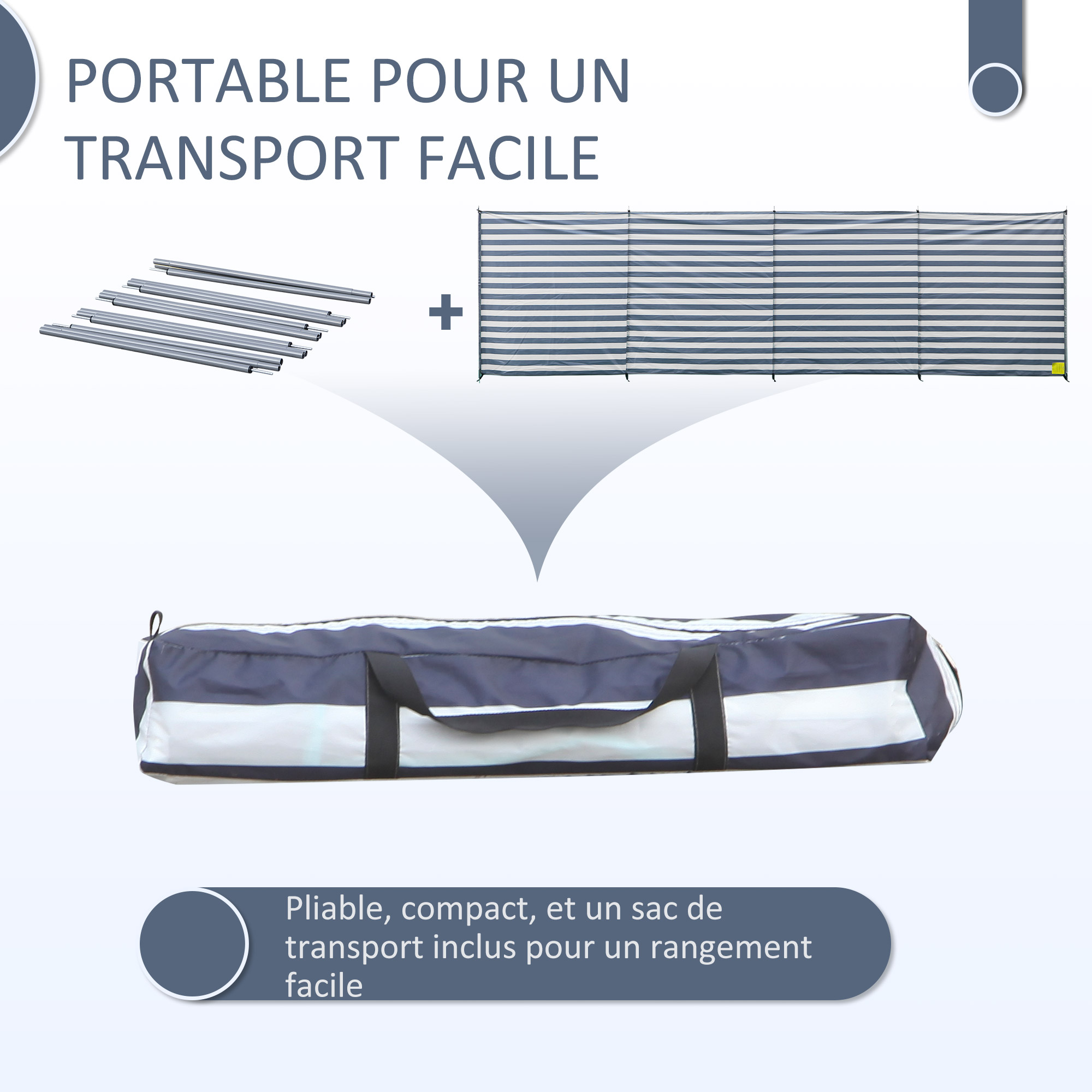 Paravent Camping 540x150 Cm - Pliable, Gris/Blanc, Avec Piquets Et Sac De Transport