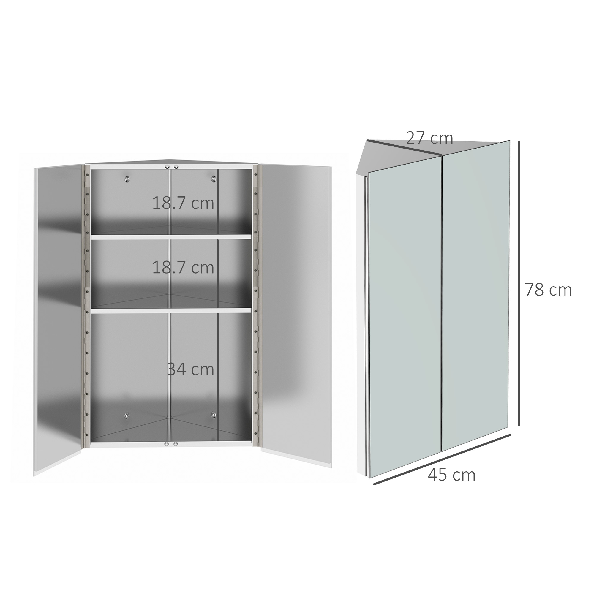 kleankin Corner Mirrored Bathroom Cabinet w/ 3 Shelves 2 Doors On-Wall Storage Unit Organiser Stainless Steel Frame Home Furnishing