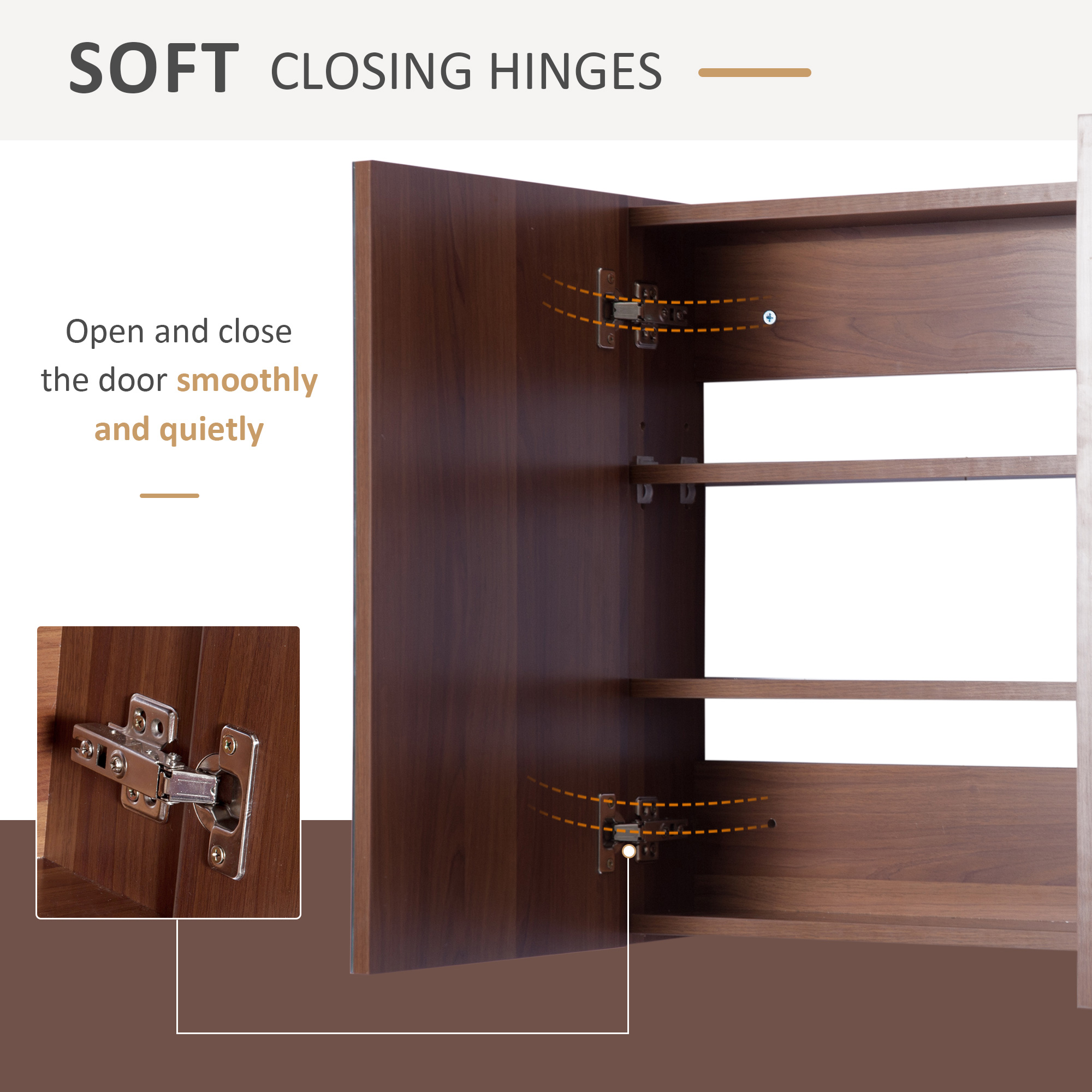 kleankin Wall Mounted Glass Bathroom Mirror Cabinet Storage Shelf, 63Wx60Hx13.5T cm-Light Walnut