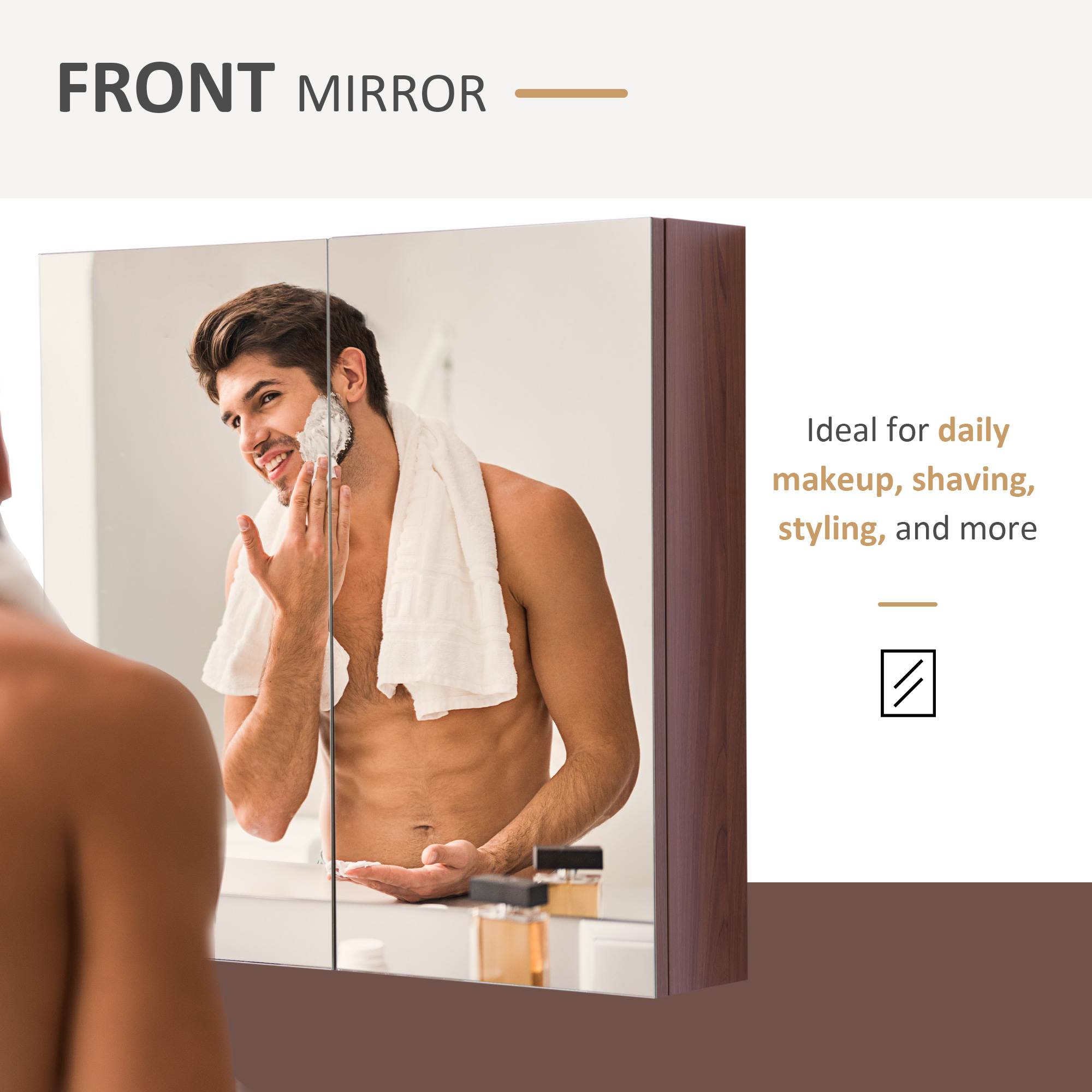 kleankin Wall Mounted Glass Bathroom Mirror Cabinet Storage Shelf, 63Wx60Hx13.5T cm-Light Walnut