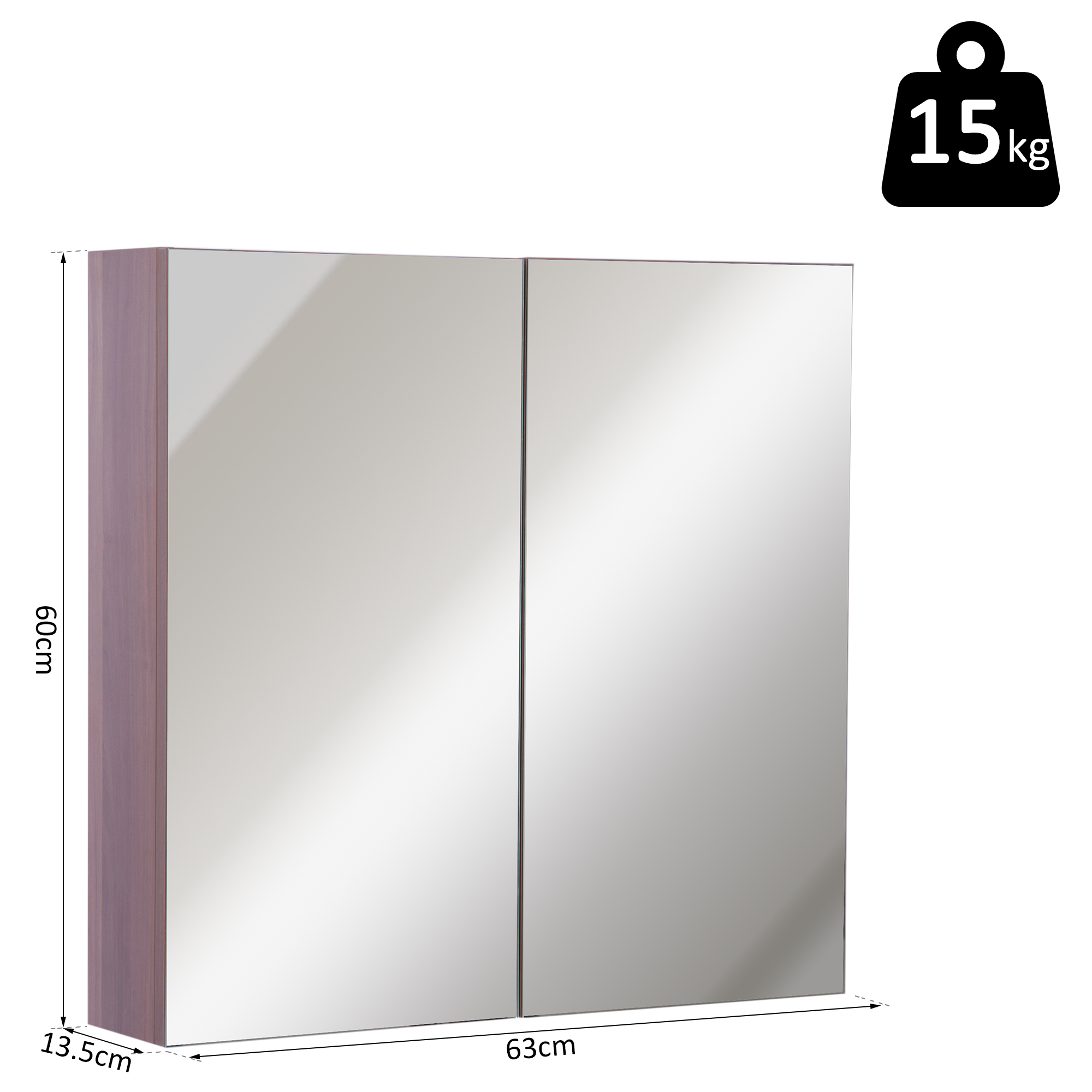 kleankin Wall Mounted Glass Bathroom Mirror Cabinet Storage Shelf, 63Wx60Hx13.5T cm-Light Walnut