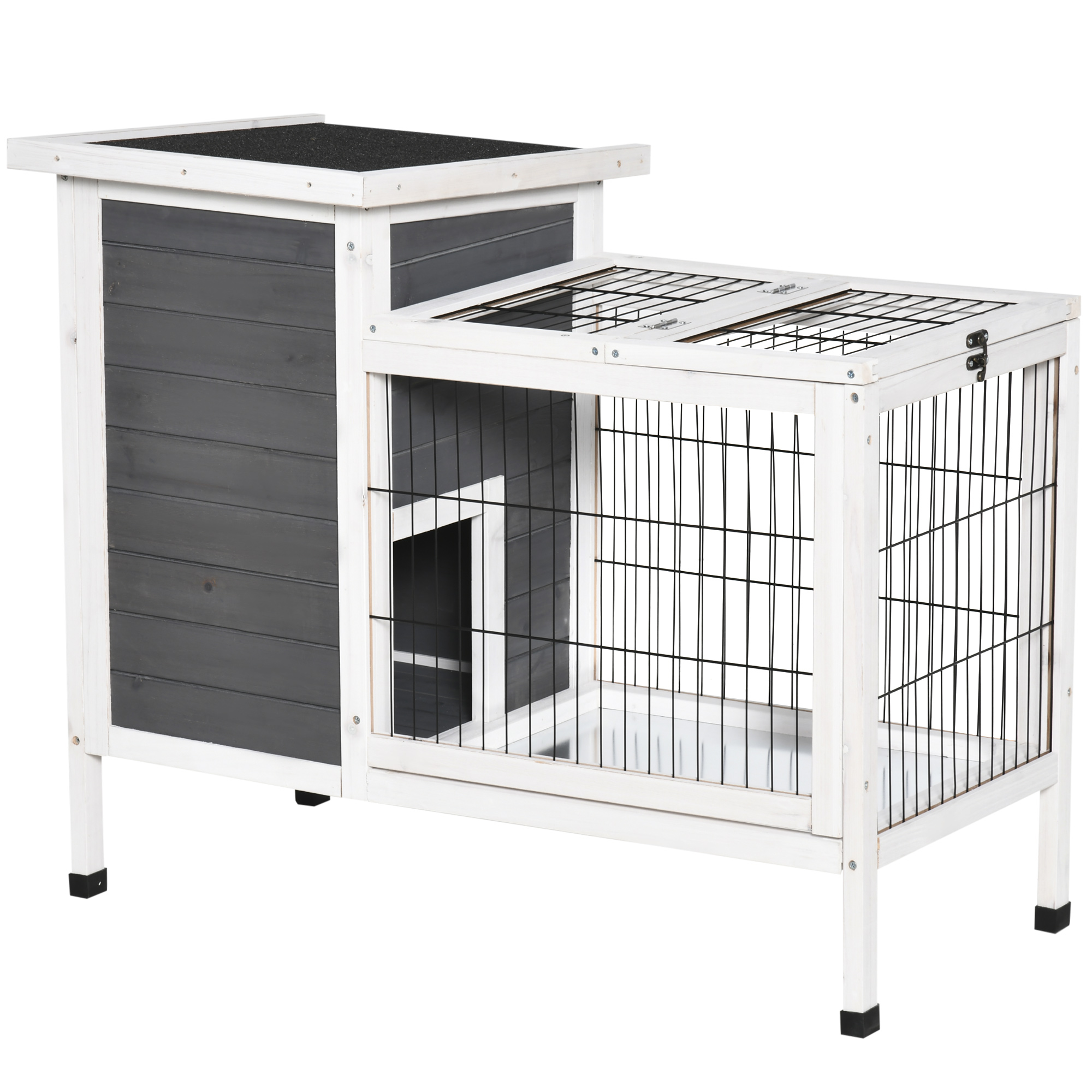 PawHut Clapier sur pieds cage à lapin avec niche intérieure plateau excrément coulissant porte supérieure 92L x 55l x 76H cm gris blanc