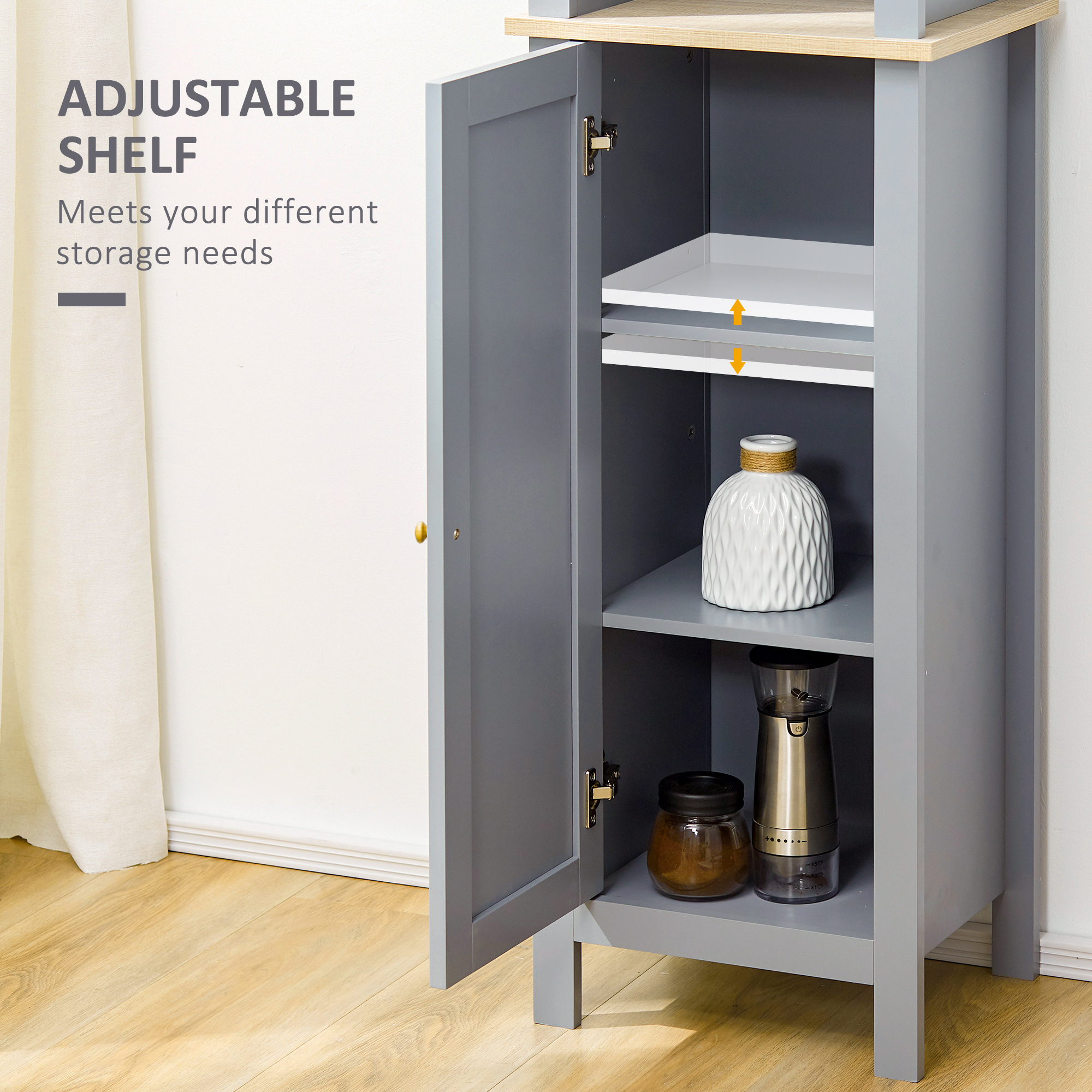 Kleankin Freestanding Bathroom Cabinet with 3-Tier Shelf and Cupboard, Tall Slim Linen Tower Side Organizer, Grey