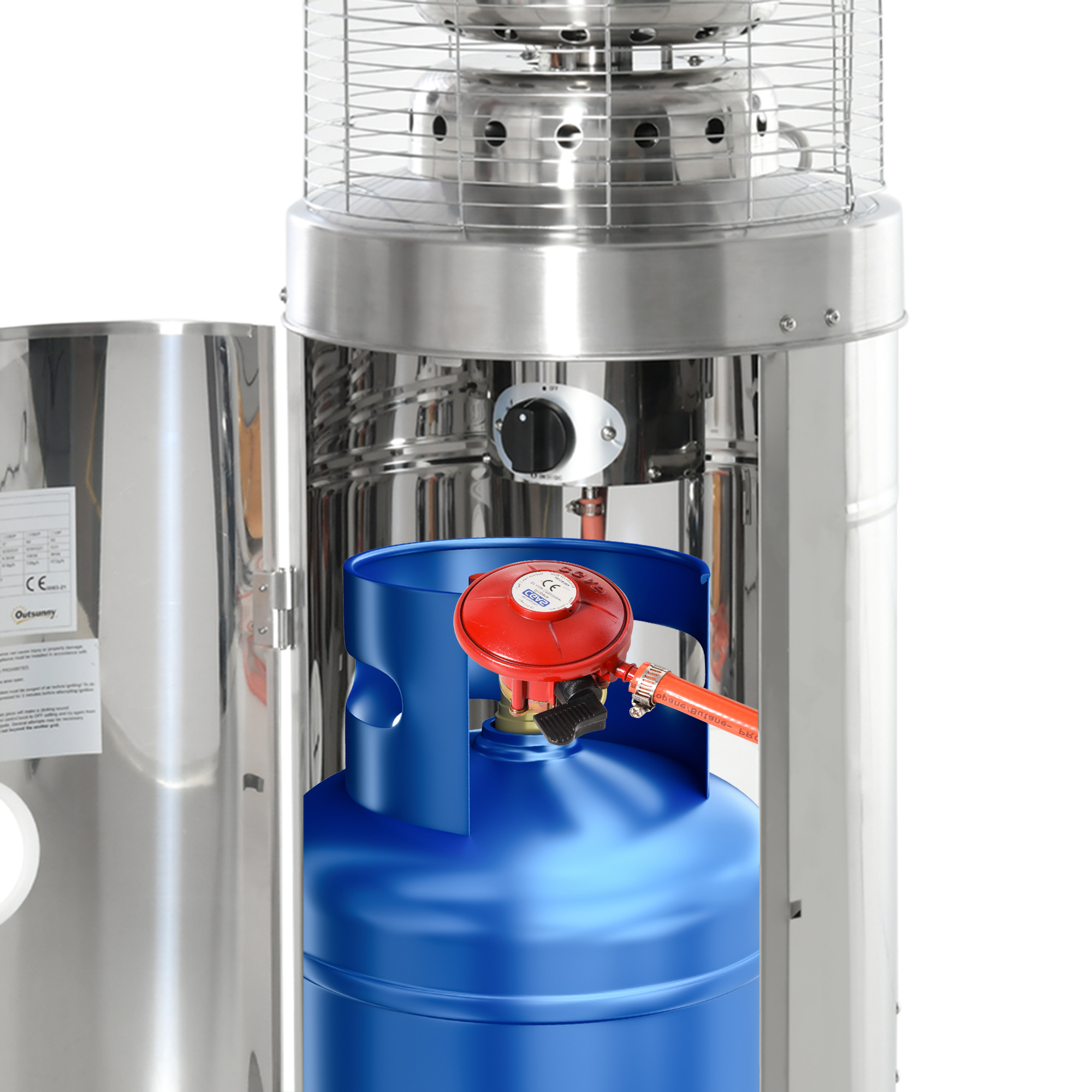 Outsunny 10KW Outdoor Gas Patio Heater Terrace Freestanding Bullet Style Heater with Wheels, Dust Cover, Regulator and Hose, Silver