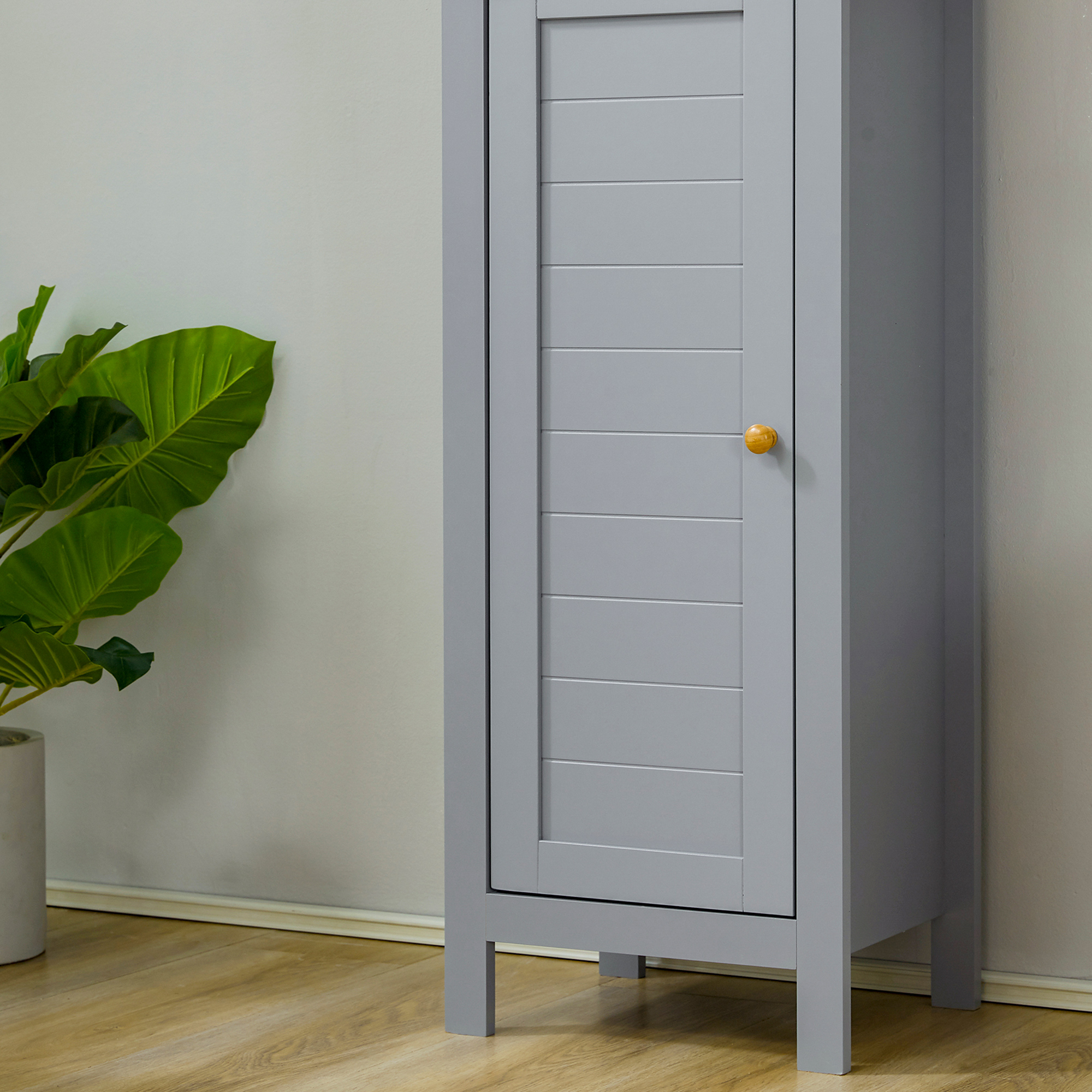 Kleankin Freestanding Bathroom Cabinet with 3-Tier Shelf and Cupboard, Tall Slim Linen Tower Side Organizer, Grey