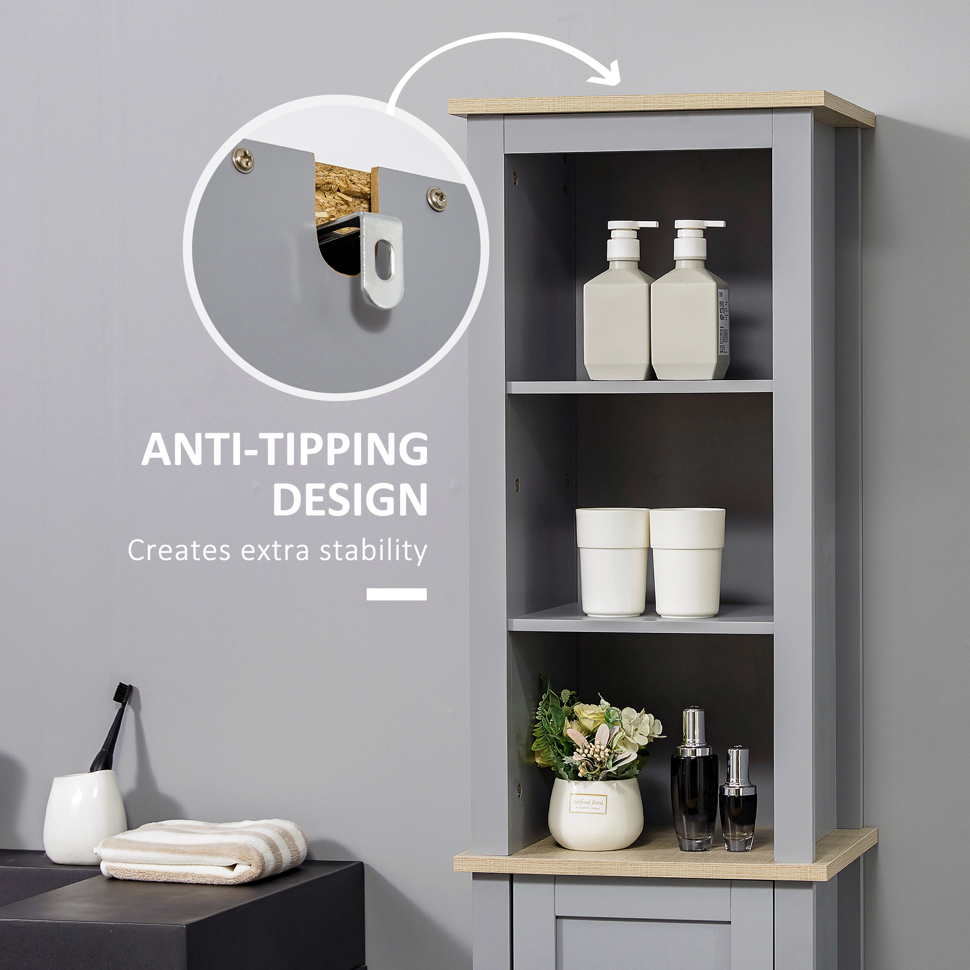 Kleankin Freestanding Bathroom Cabinet with 3-Tier Shelf and Cupboard, Tall Slim Linen Tower Side Organizer, Grey