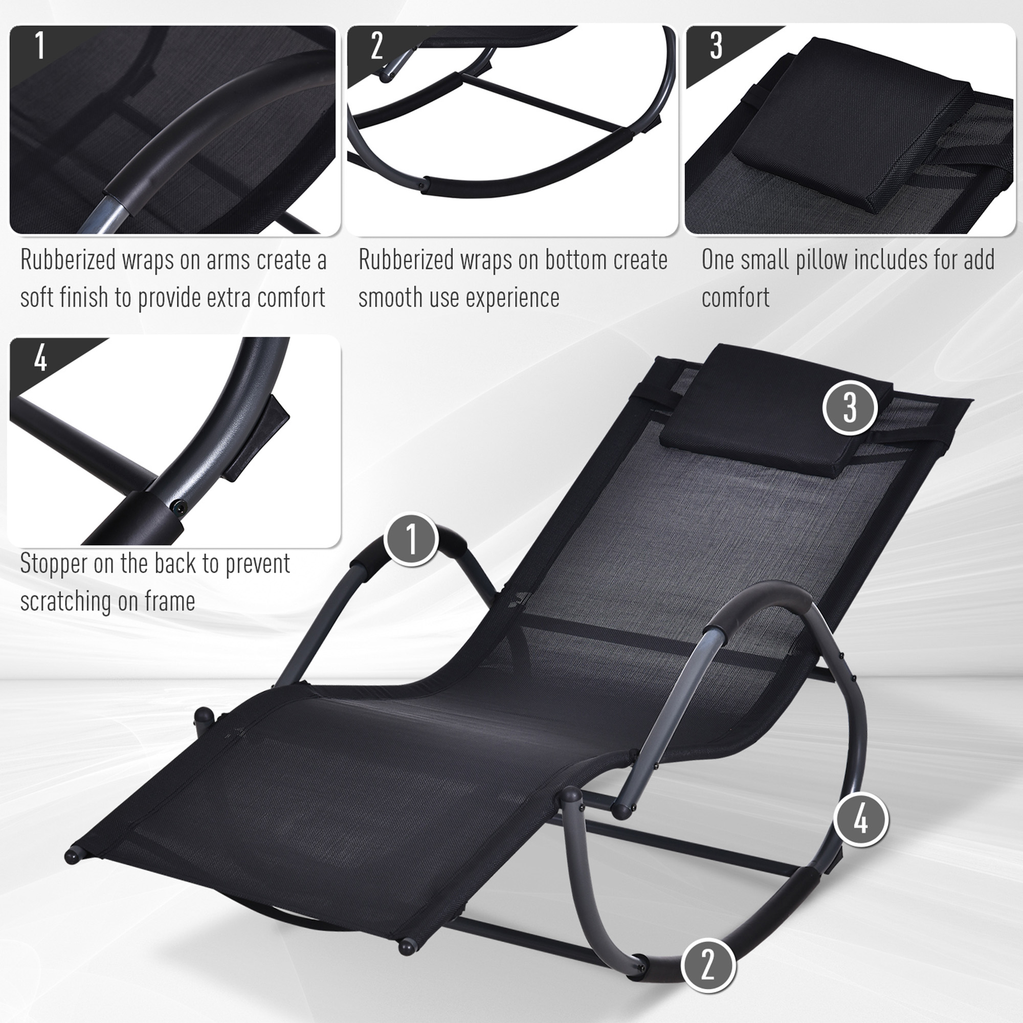 Outsunny Garden Rocking Chair Patio Texteline Rocking Lounge Chair Zero Gravity Rocker Outdoor Patio Garden Recliner Seat w/ Padded Pillow - Black