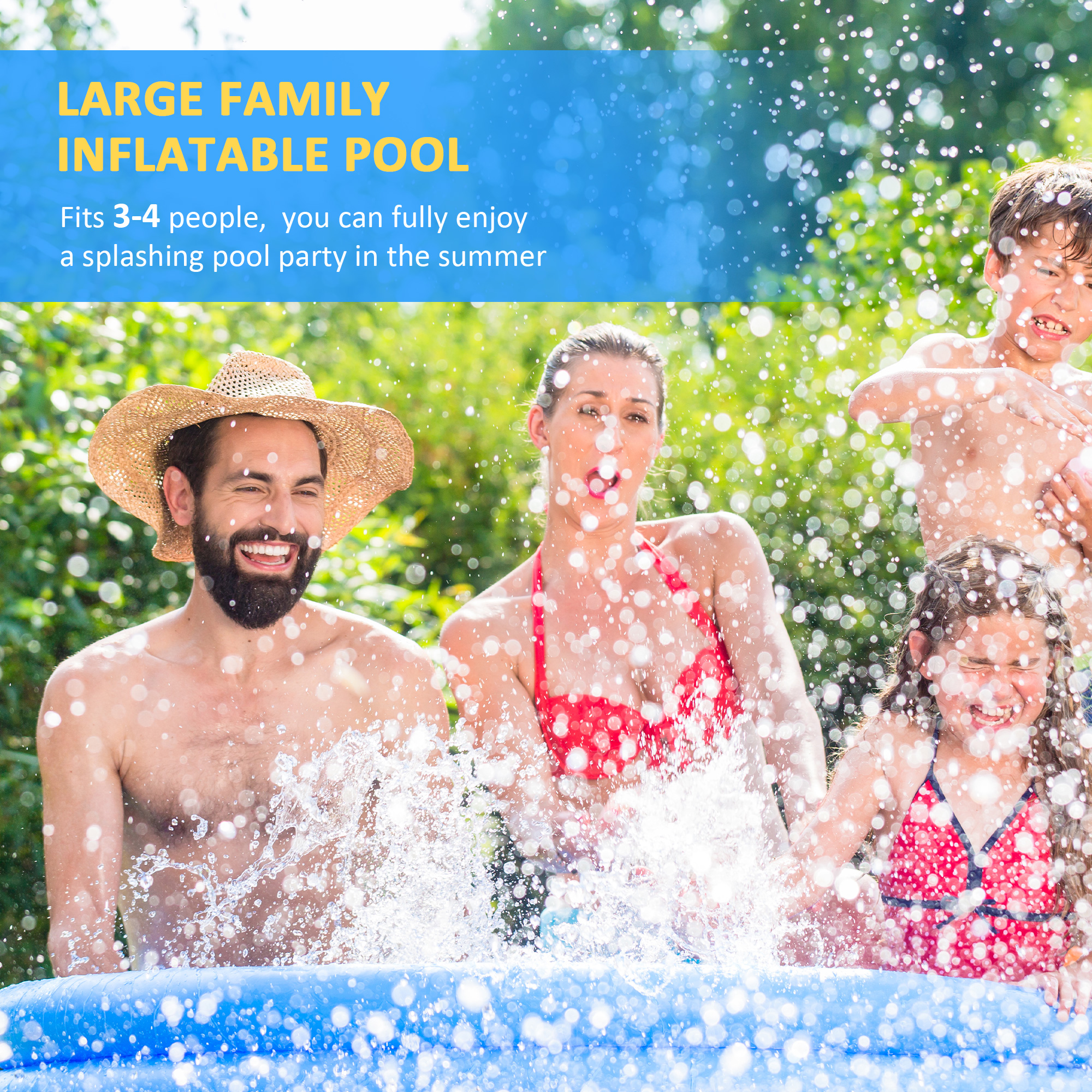 Outsunny Inflatable Family Swimming Pool, Family-Sized Round Paddling Pool w/ Hand Pump for Kids, Adults, Outdoor, Garden, 274cm x 76cm, Blue