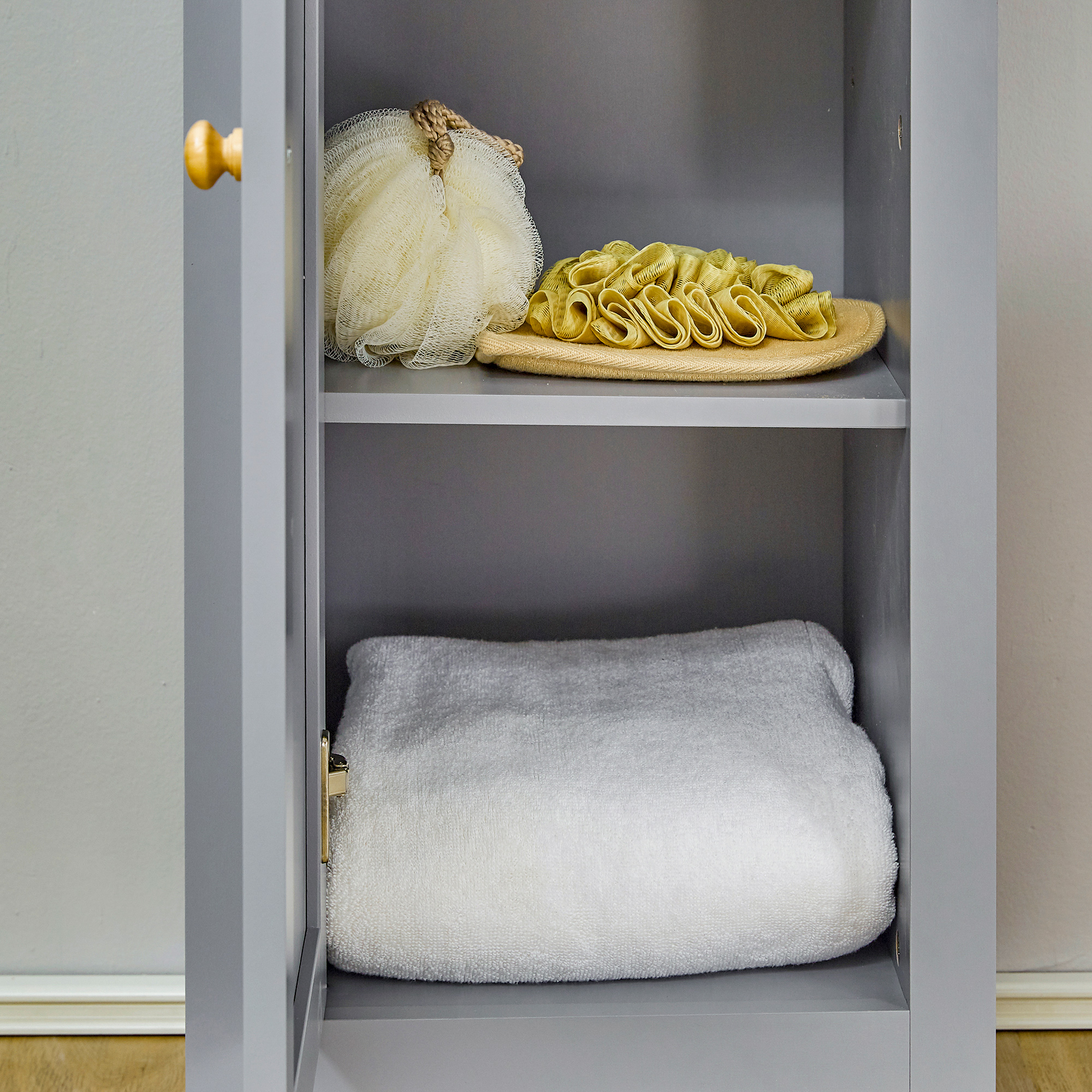 Kleankin Freestanding Bathroom Cabinet with 3-Tier Shelf and Cupboard, Tall Slim Linen Tower Side Organizer, Grey