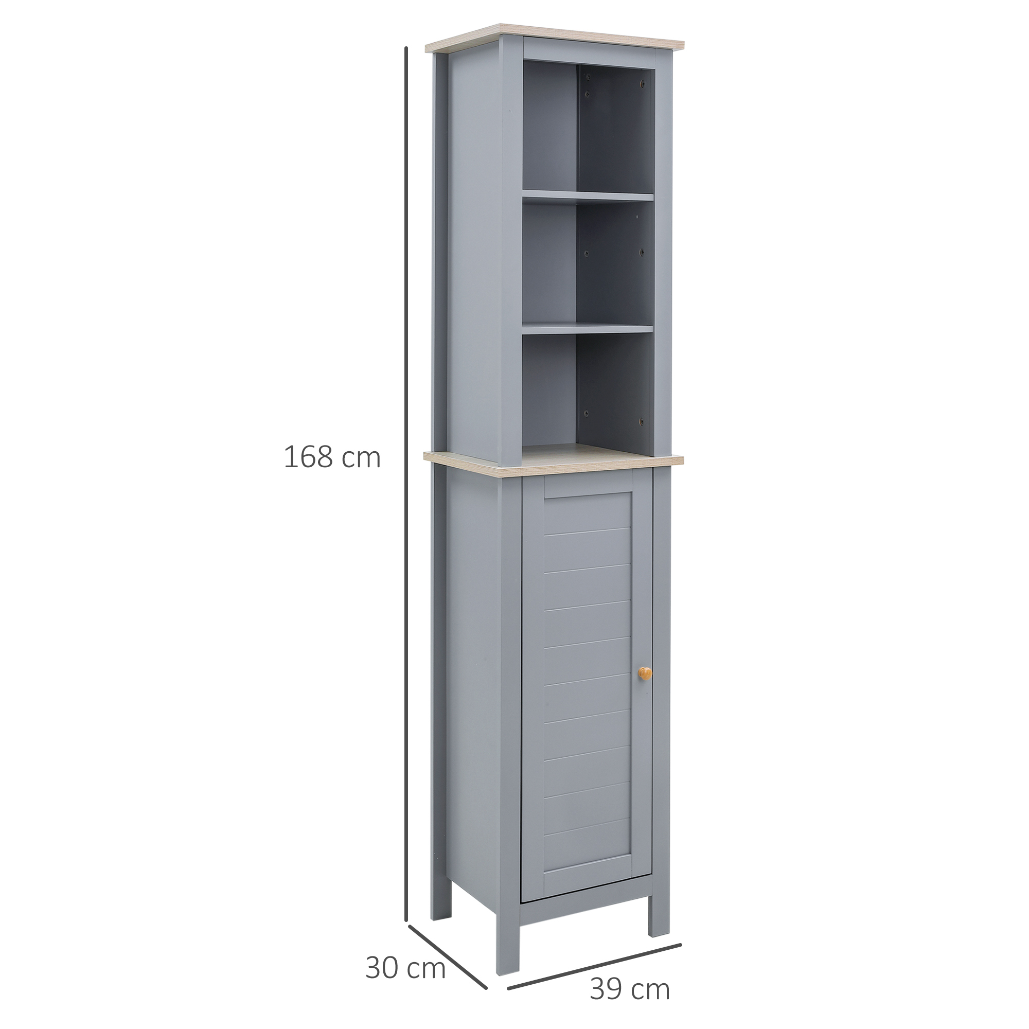 Kleankin Freestanding Bathroom Cabinet with 3-Tier Shelf and Cupboard, Tall Slim Linen Tower Side Organizer, Grey