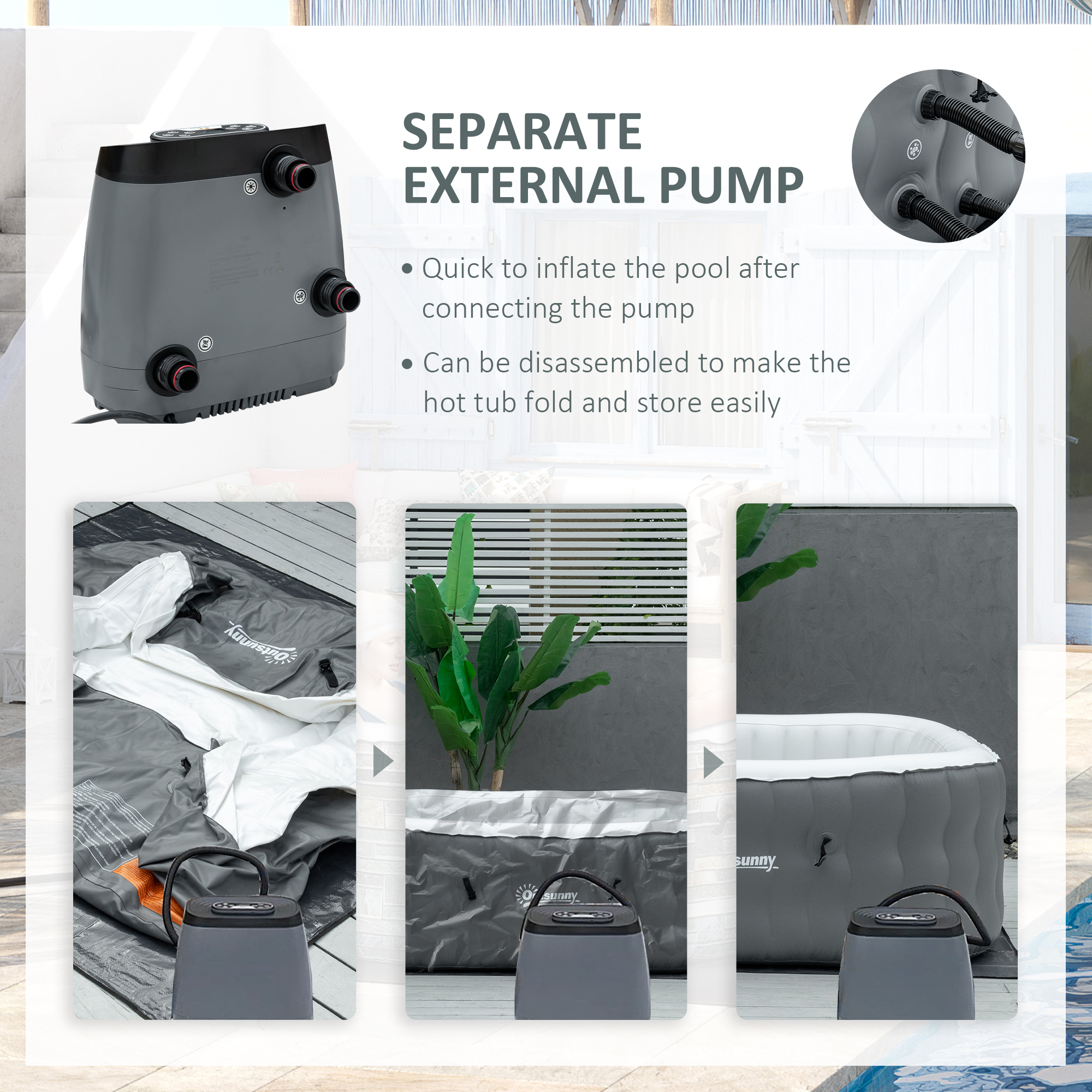 Outsunny Square Hot Tub Inflatable Spa Outdoor Bubble Spa Pool with Pump, Cover, Filter Cartridges, 4-6 Person, Grey