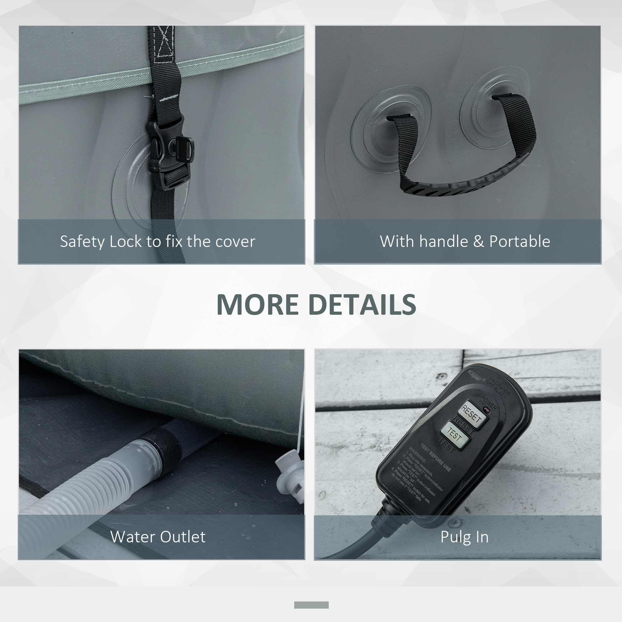 Outsunny Square Hot Tub Inflatable Spa Outdoor Bubble Spa Pool with Pump, Cover, Filter Cartridges, 4-6 Person, Grey