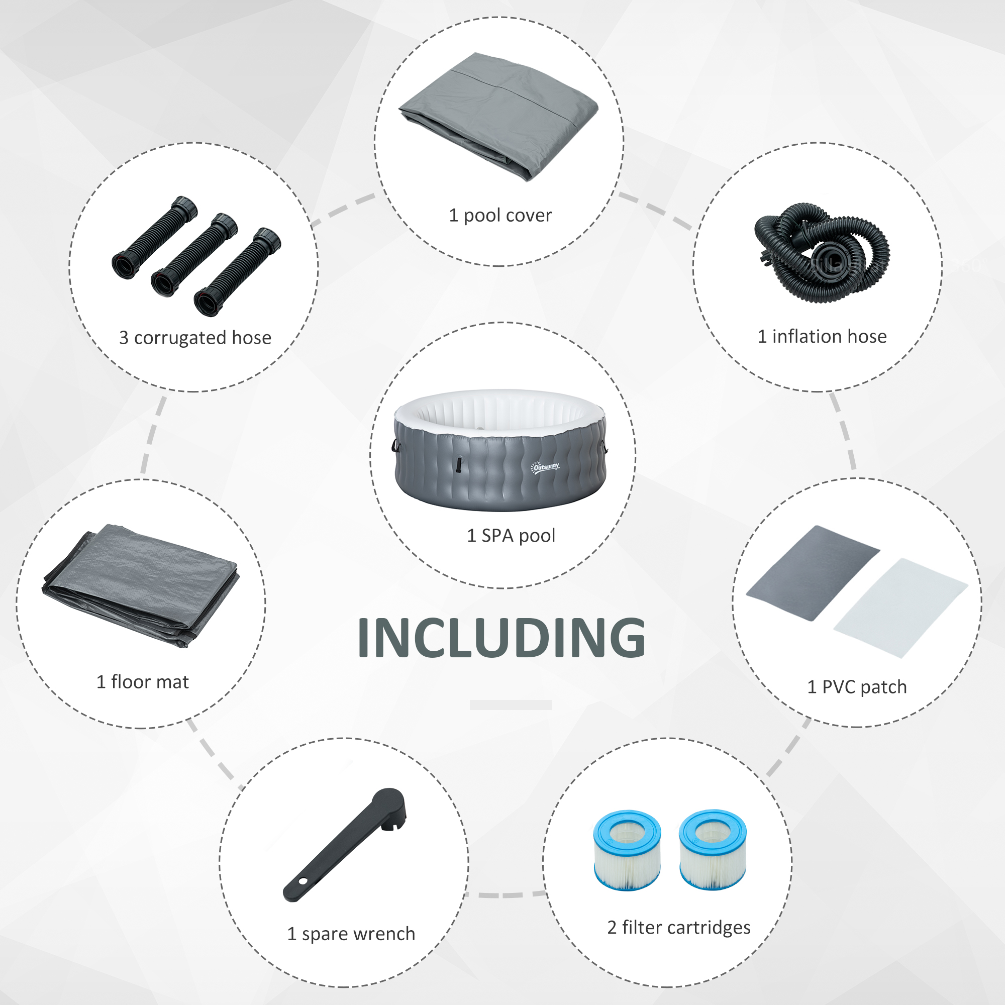 Outsunny Round Hot Tub Inflatable Spa Outdoor Bubble Spa Pool with Pump, Cover, Filter Cartridges, 4-6 Person, Grey