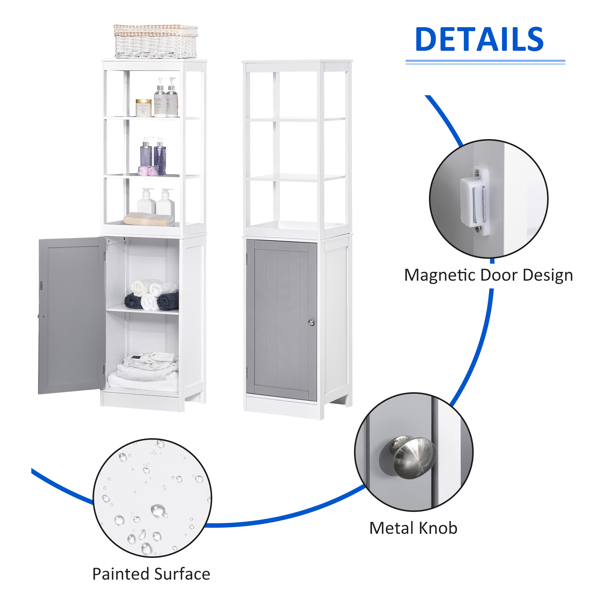 Kleankin Tallboy Bathroom Storage Cabinet, Slimline Free Standing Unit, Multi-Purpose for Bathroom Living Room Kitchen, White