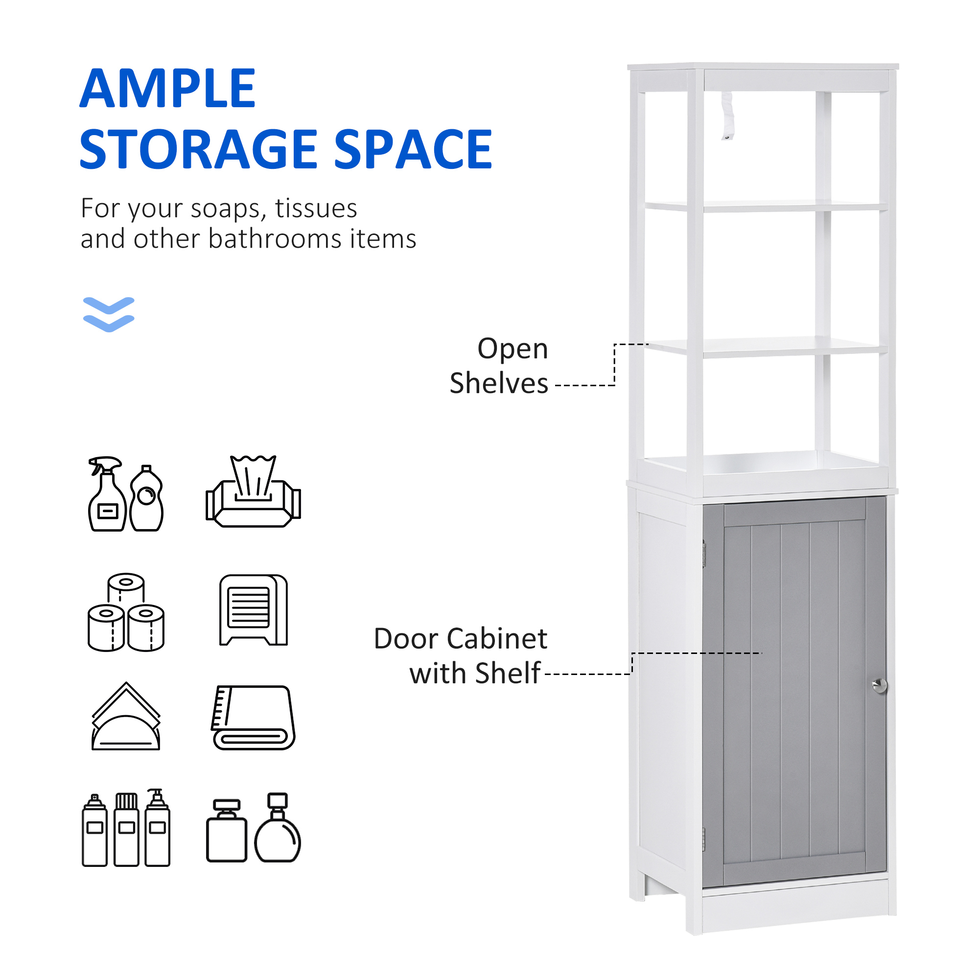 Kleankin Tallboy Bathroom Storage Cabinet, Slimline Free Standing Unit, Multi-Purpose for Bathroom Living Room Kitchen, White