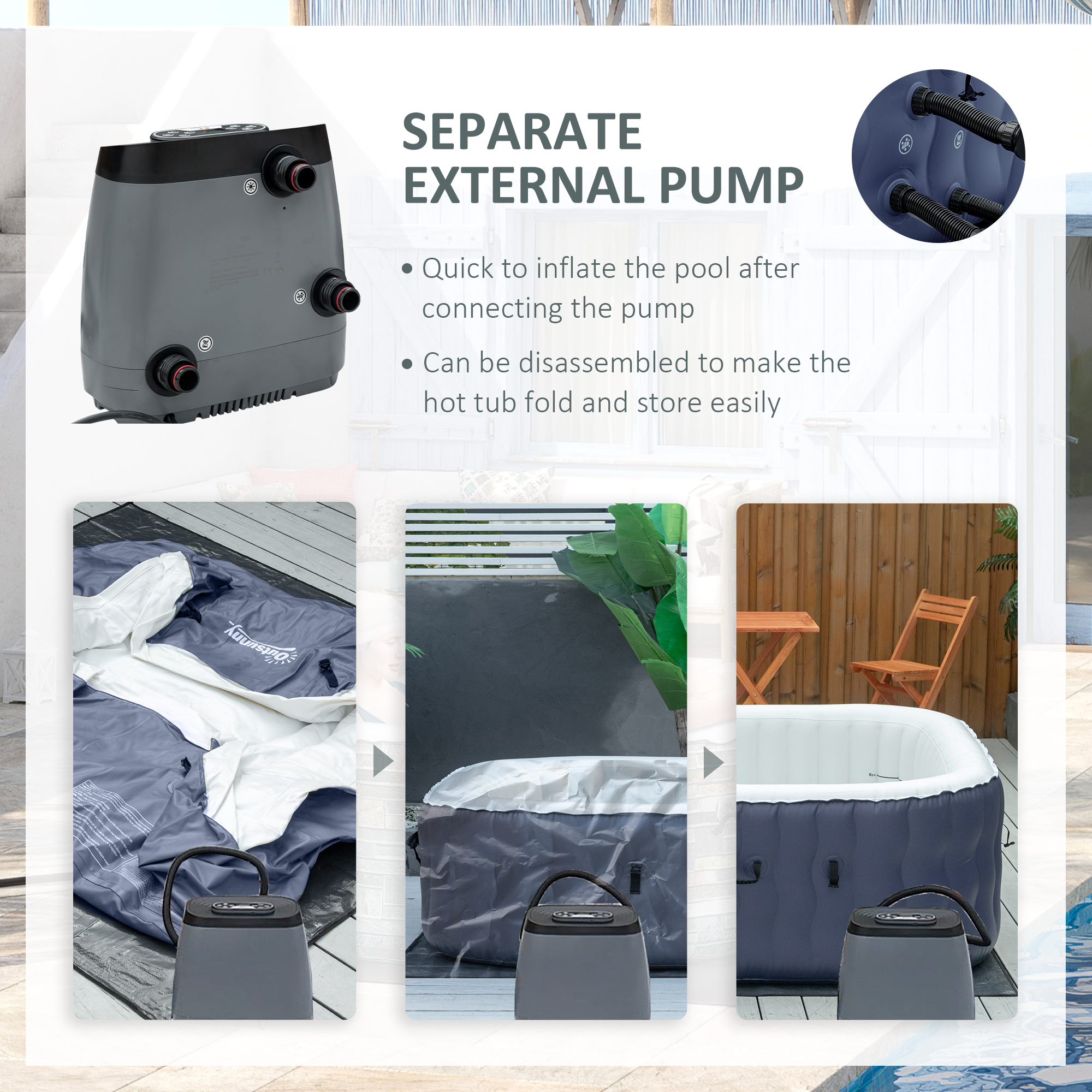 Outsunny Square Hot Tub Inflatable Spa Outdoor Bubble Spa Pool with Pump, Cover, Filter Cartridges, 4-6 Person, Dark Blue