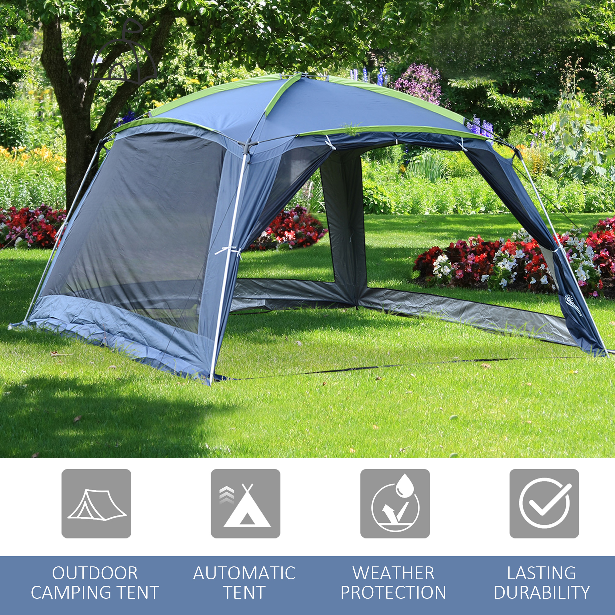 Outsunny Portable Camping Tent, 5-8 Person Dome Tent, Outdoor Screen House, Sun Shelter, 360Â°x355x215cm, Dark Blue/Green