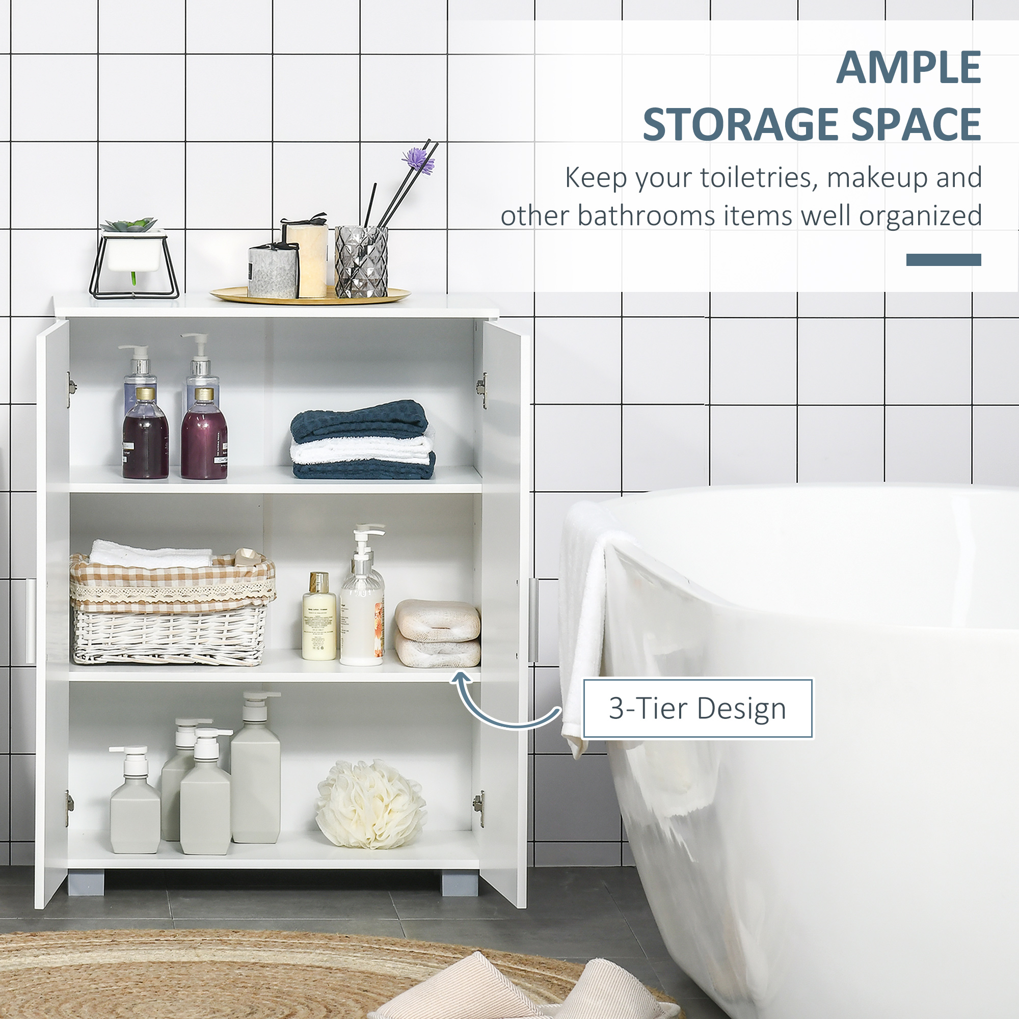 kleankin Modern Free Standing Bathroom Linen Cabinet, Storage Cupboard with 3 Tier Shelves, White.