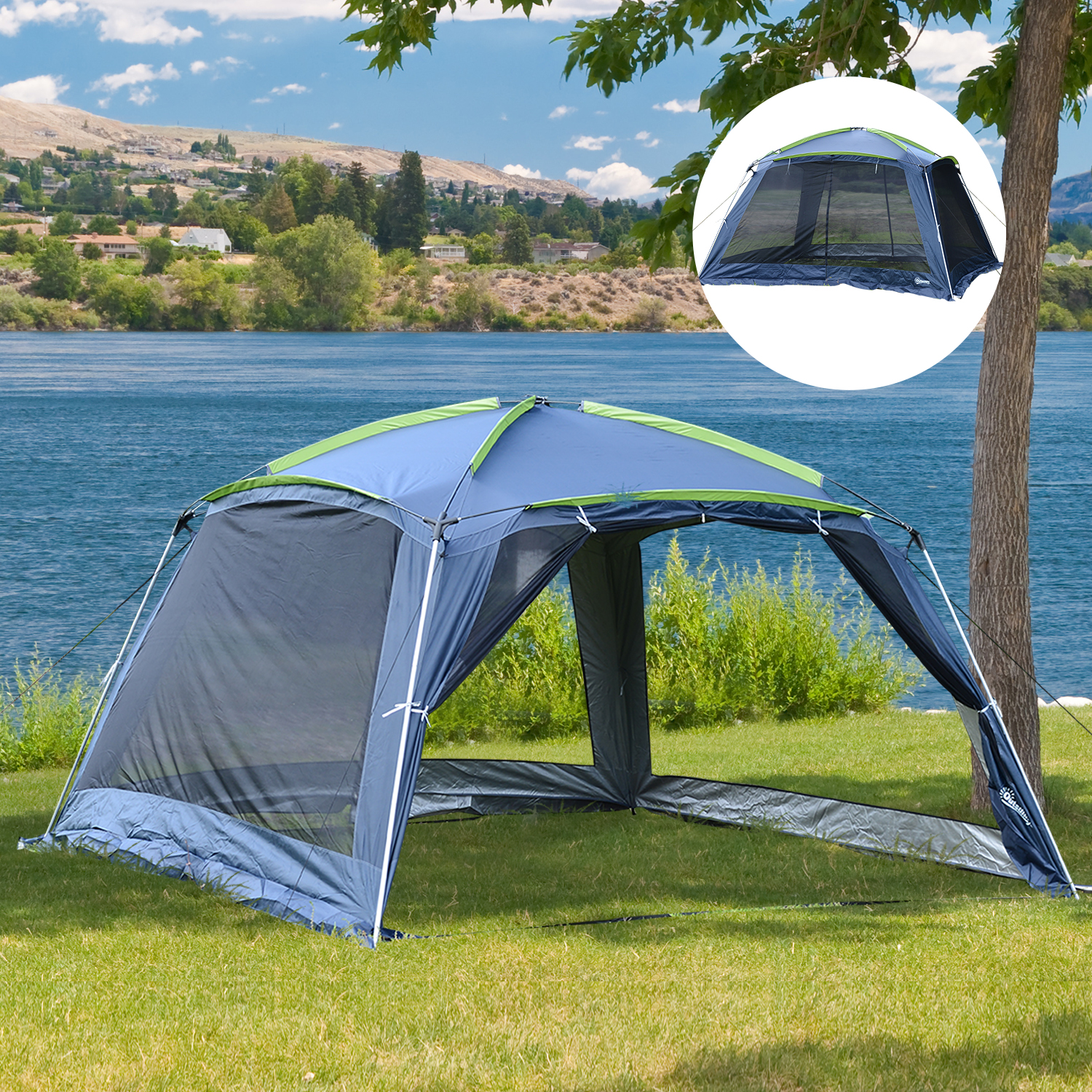 Outsunny Portable Camping Tent, 5-8 Person Dome Tent, Outdoor Screen House, Sun Shelter, 360Â°x355x215cm, Dark Blue/Green