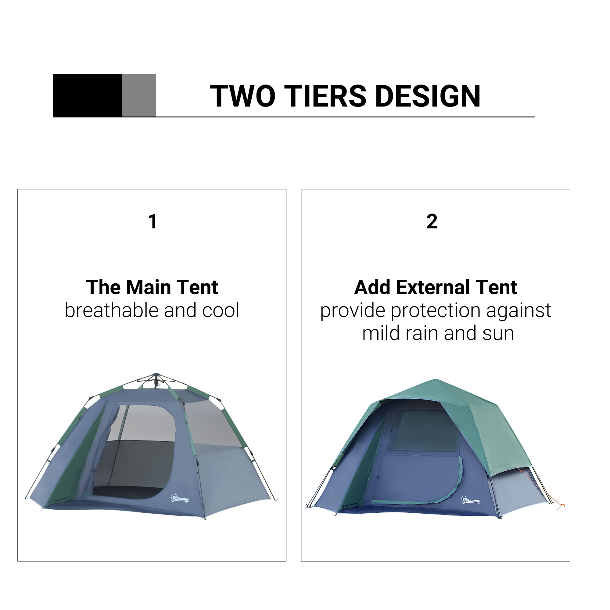 Outsunny Lightweight Camping Tent, 3/4 Person, Fibreglass Frame, Waterproof, Green