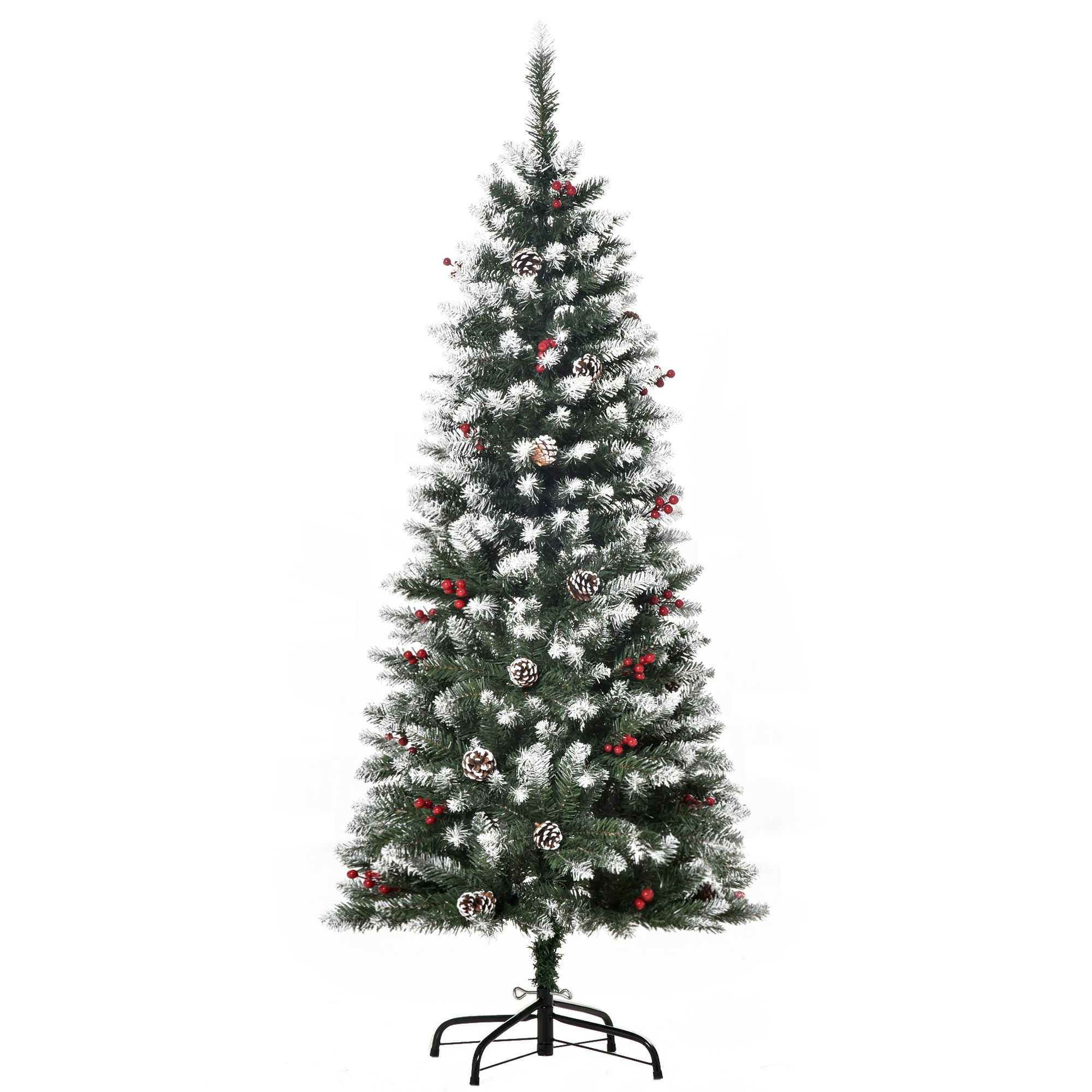 HOMCOM Albero di Natale Innevato Artificiale con Bacche Rosse e Pigne Bianche, Base Rimovibile Pieghevole, 408 Rami, Φ53x150cm