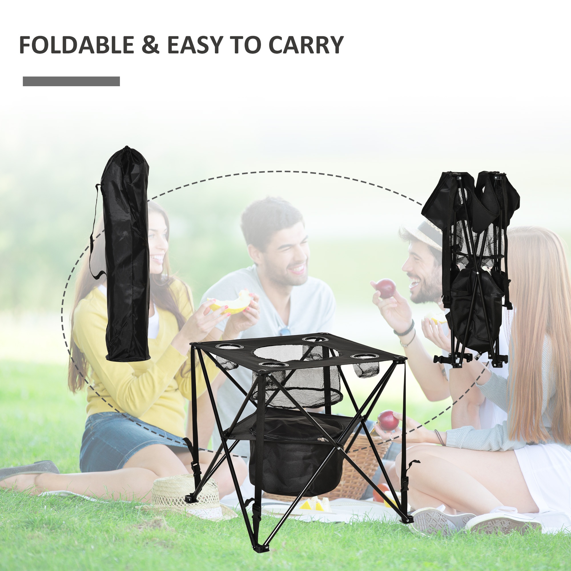 Outsunny Folding Camping Table, Portable Picnic Table with Built-in Cooler, Cup Holders for Outdoor Travel Hiking Fishing Beach Dining or Cooking