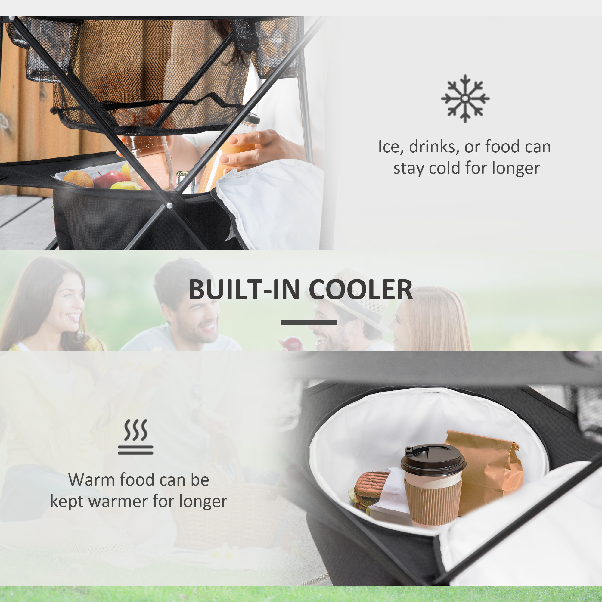 Outsunny Folding Camping Table, Portable Picnic Table with Built-in Cooler, Cup Holders for Outdoor Travel Hiking Fishing Beach Dining or Cooking