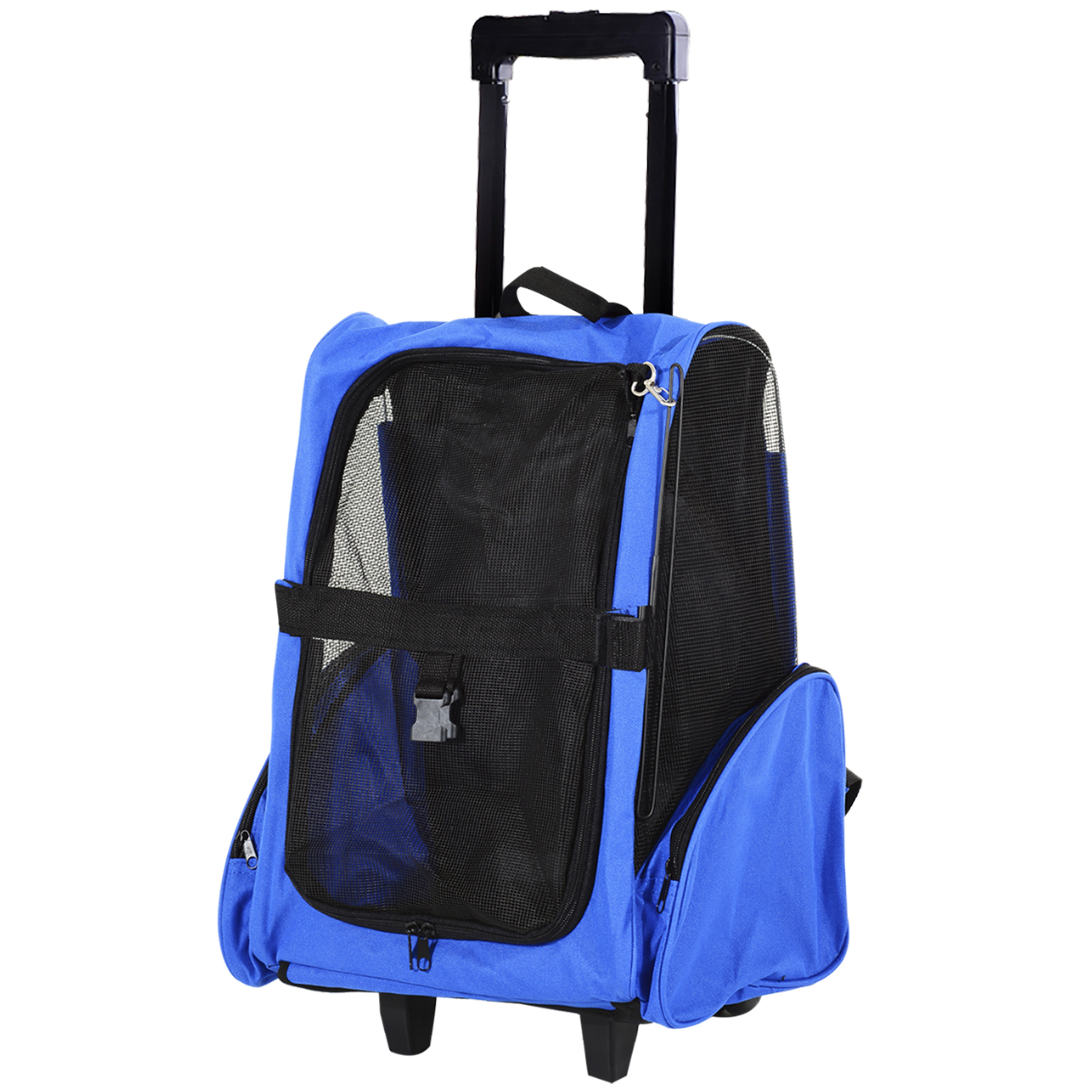 PawHut Trasportino Zaino 2 in 1 per Cani e Gatti con Tasche Laterali, Maniglia Telescopica e Ruote, 42x25x55cm, Blu