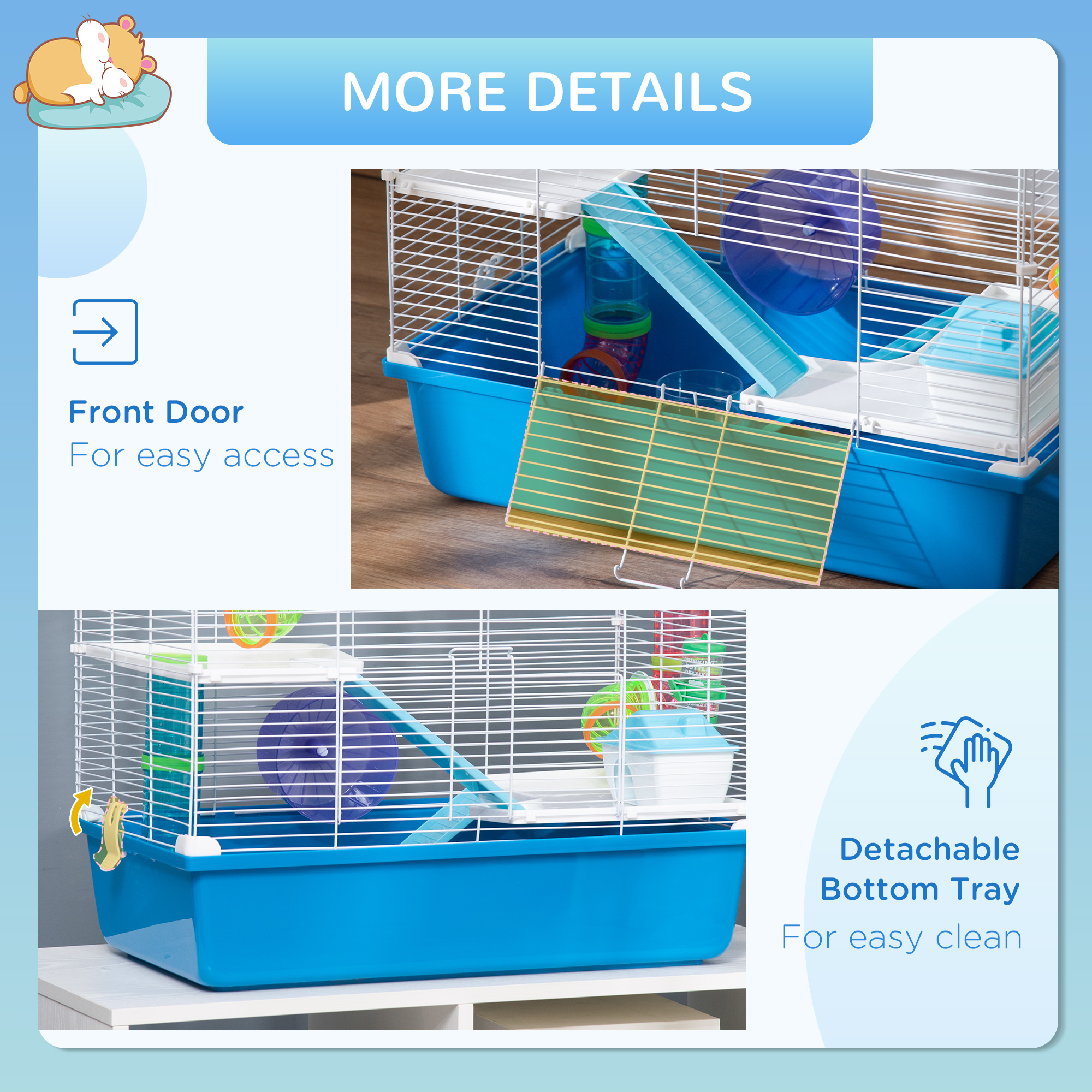 PawHut Large Hamster Cage, 3-Level Small Rodents House, with Tube Tunnel, Exercise Wheel, Water Bottle, Food Dish, Ramps, Hut, 59 x 36 x 47 cm, Blue