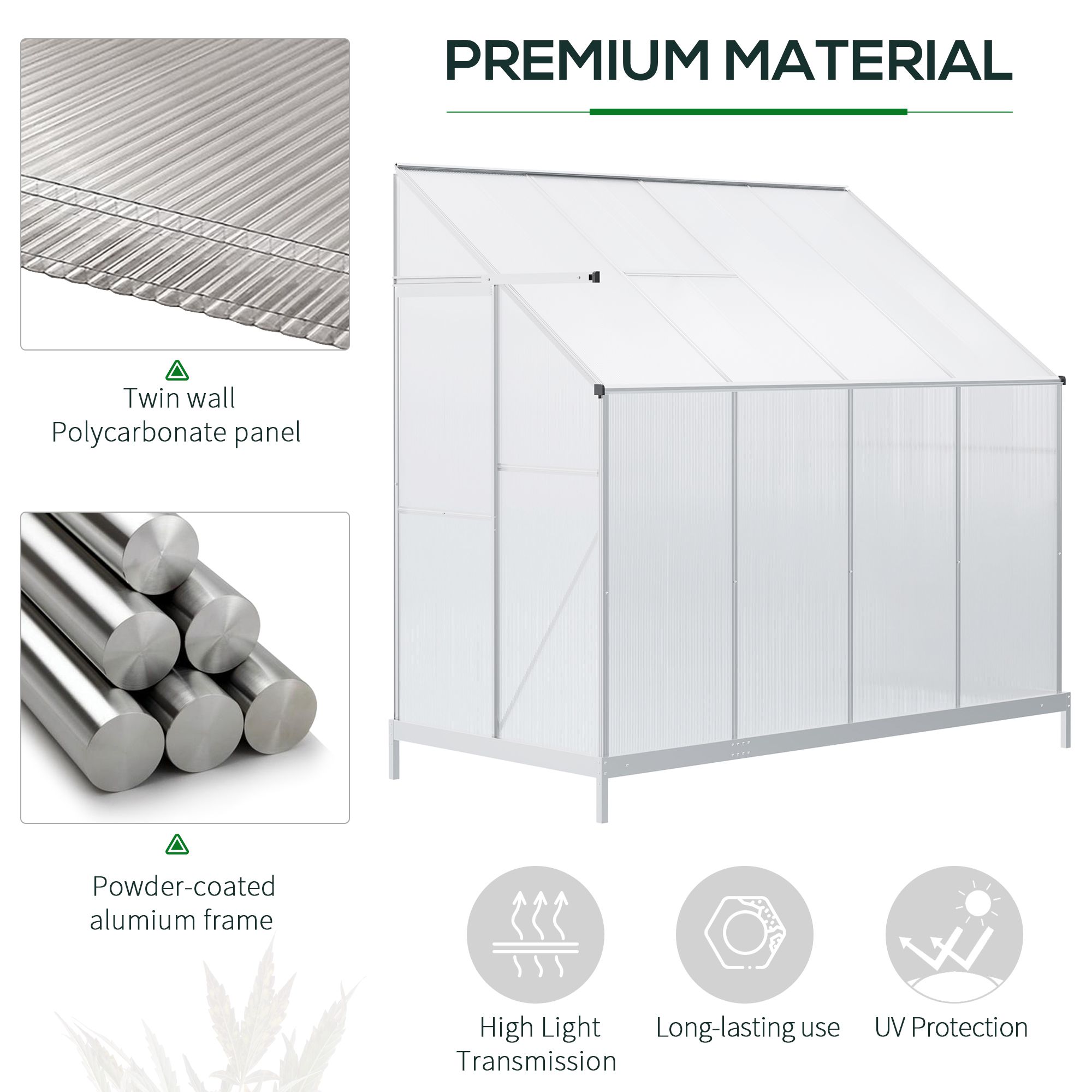 Outsunny Walk-In Lean to Greenhouse Garden Heavy Duty Aluminium Polycarbonate with Roof Vent for Plants Herbs Vegetables, Silver, 253 x 127 x 220 cm