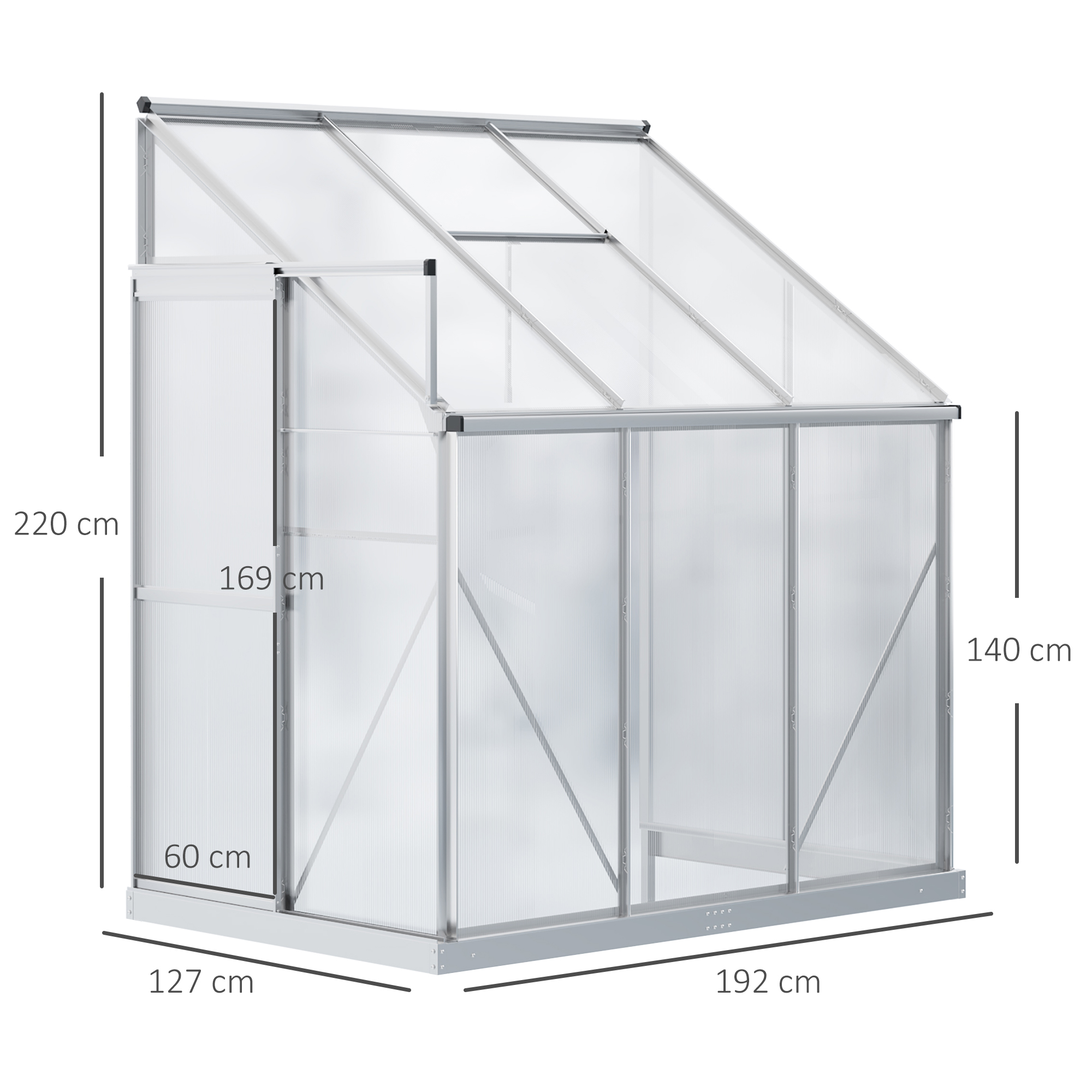 Outsunny Walk-In Greenhouse Lean to Wall Greenhouse Garden Heavy Duty Aluminium Polycarbonate with Roof Vent for Plants, 192 x 127 x 220 cm