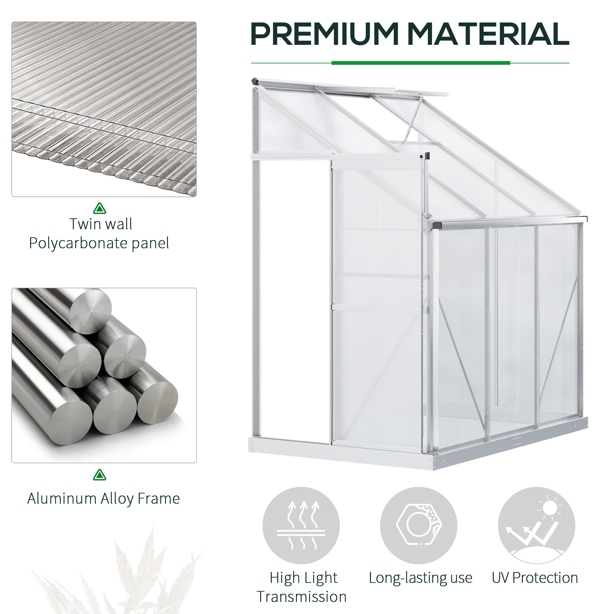 Outsunny Walk-In Greenhouse Lean to Wall Greenhouse Garden Heavy Duty Aluminium Polycarbonate with Roof Vent for Plants, 192 x 127 x 220 cm