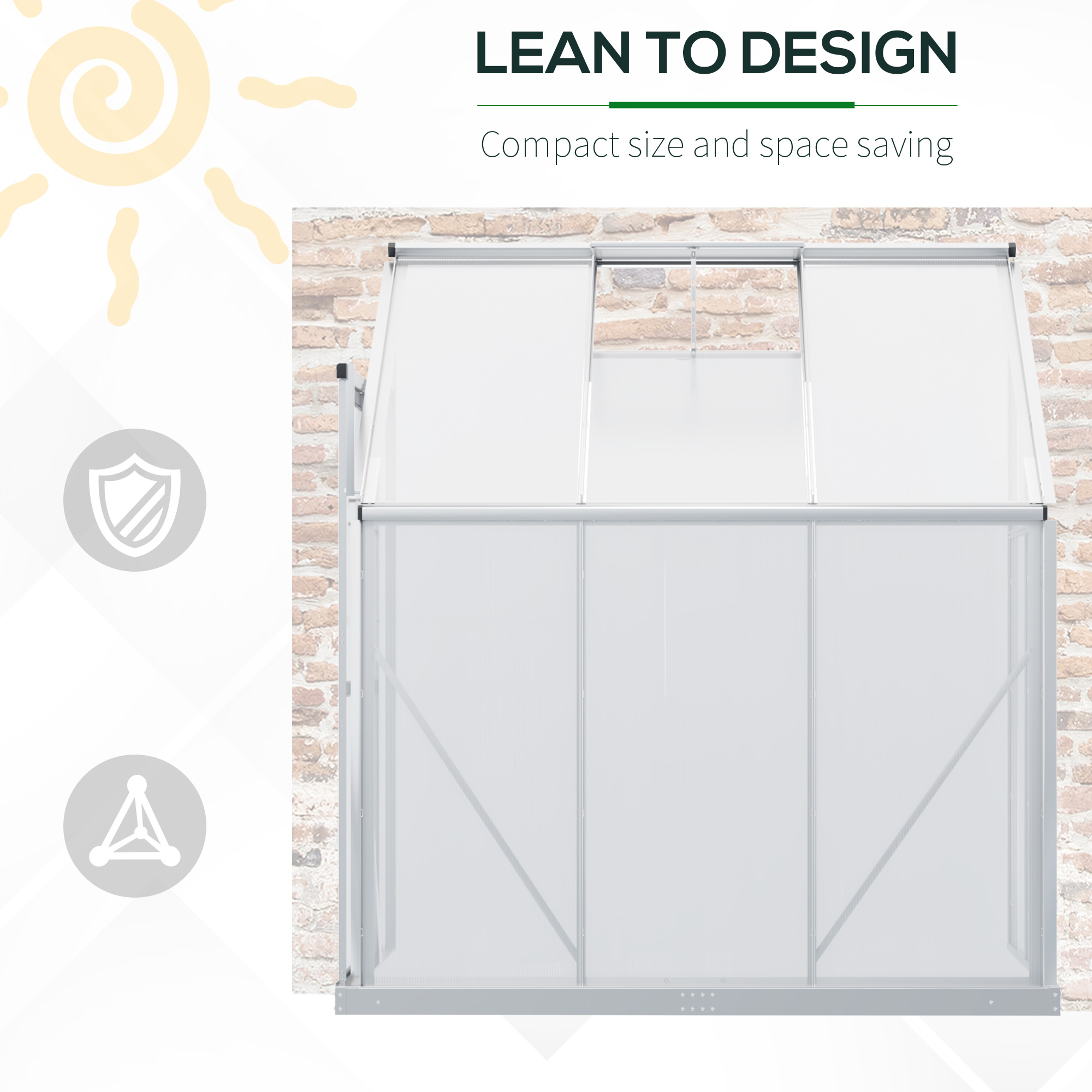 Outsunny Walk-In Greenhouse Lean to Wall Greenhouse Garden Heavy Duty Aluminium Polycarbonate with Roof Vent for Plants, 192 x 127 x 220 cm