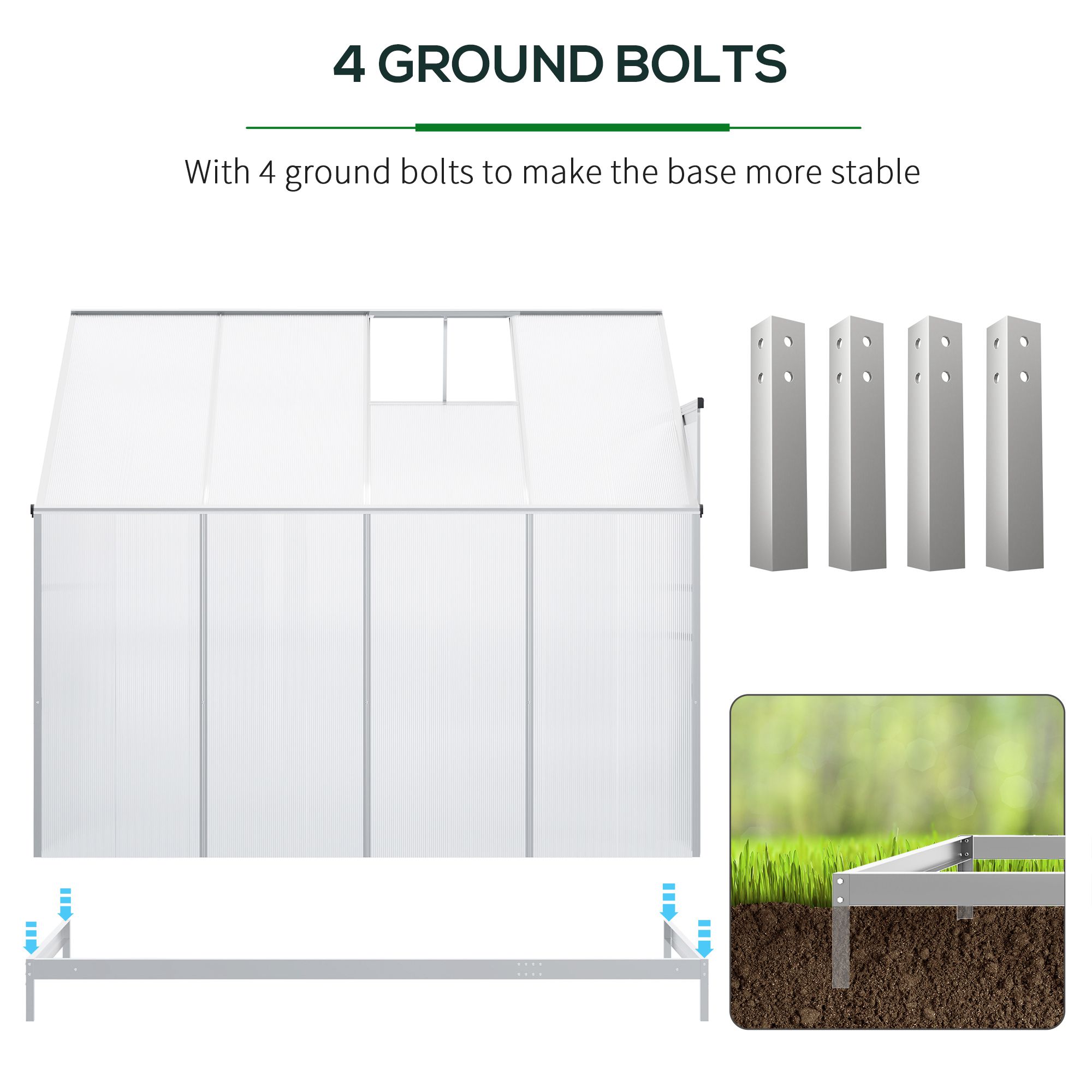 Outsunny Walk-In Lean to Greenhouse Garden Heavy Duty Aluminium Polycarbonate with Roof Vent for Plants Herbs Vegetables, Silver, 253 x 127 x 220 cm