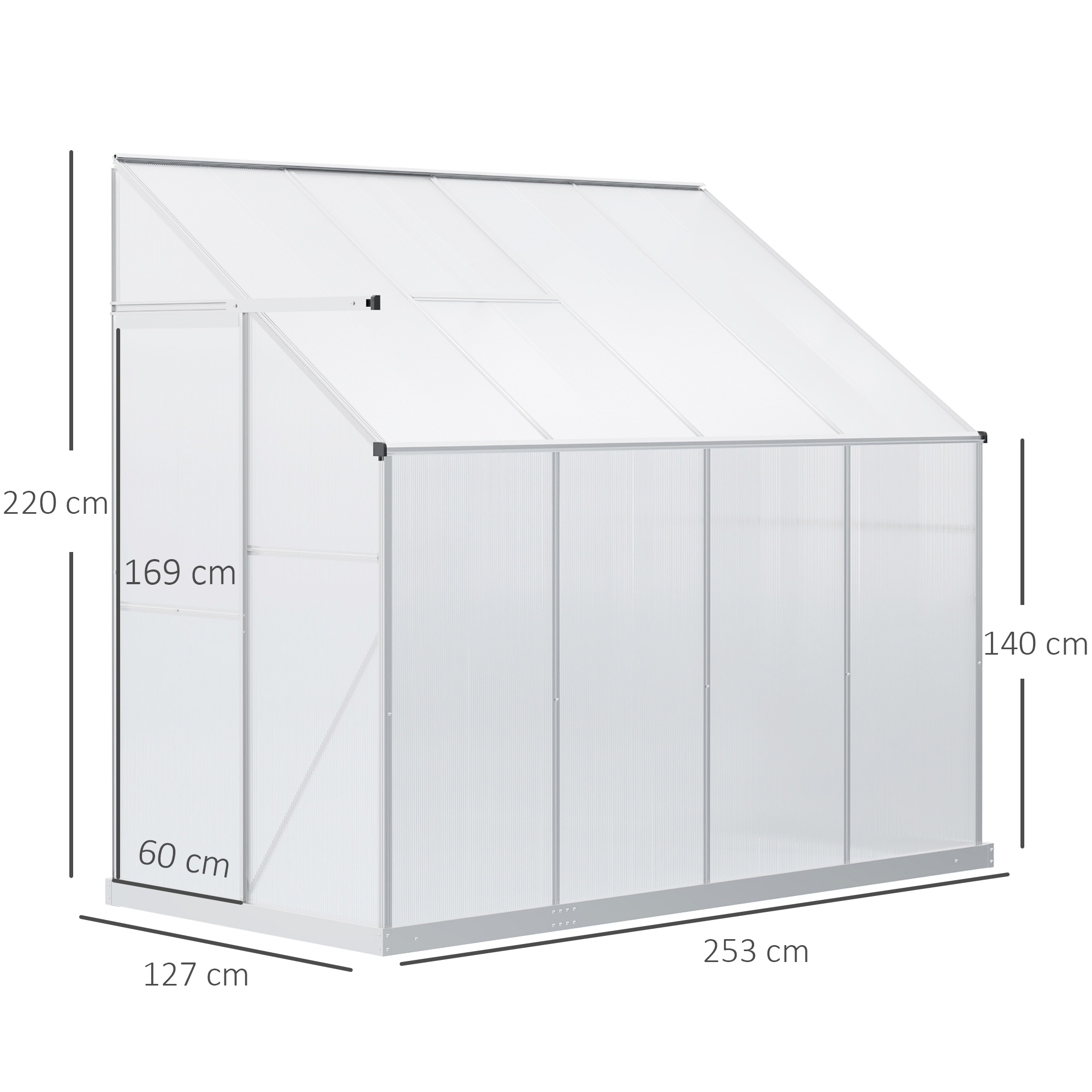 Outsunny Walk-In Lean to Greenhouse Garden Heavy Duty Aluminium Polycarbonate with Roof Vent for Plants Herbs Vegetables, Silver, 253 x 127 x 220 cm