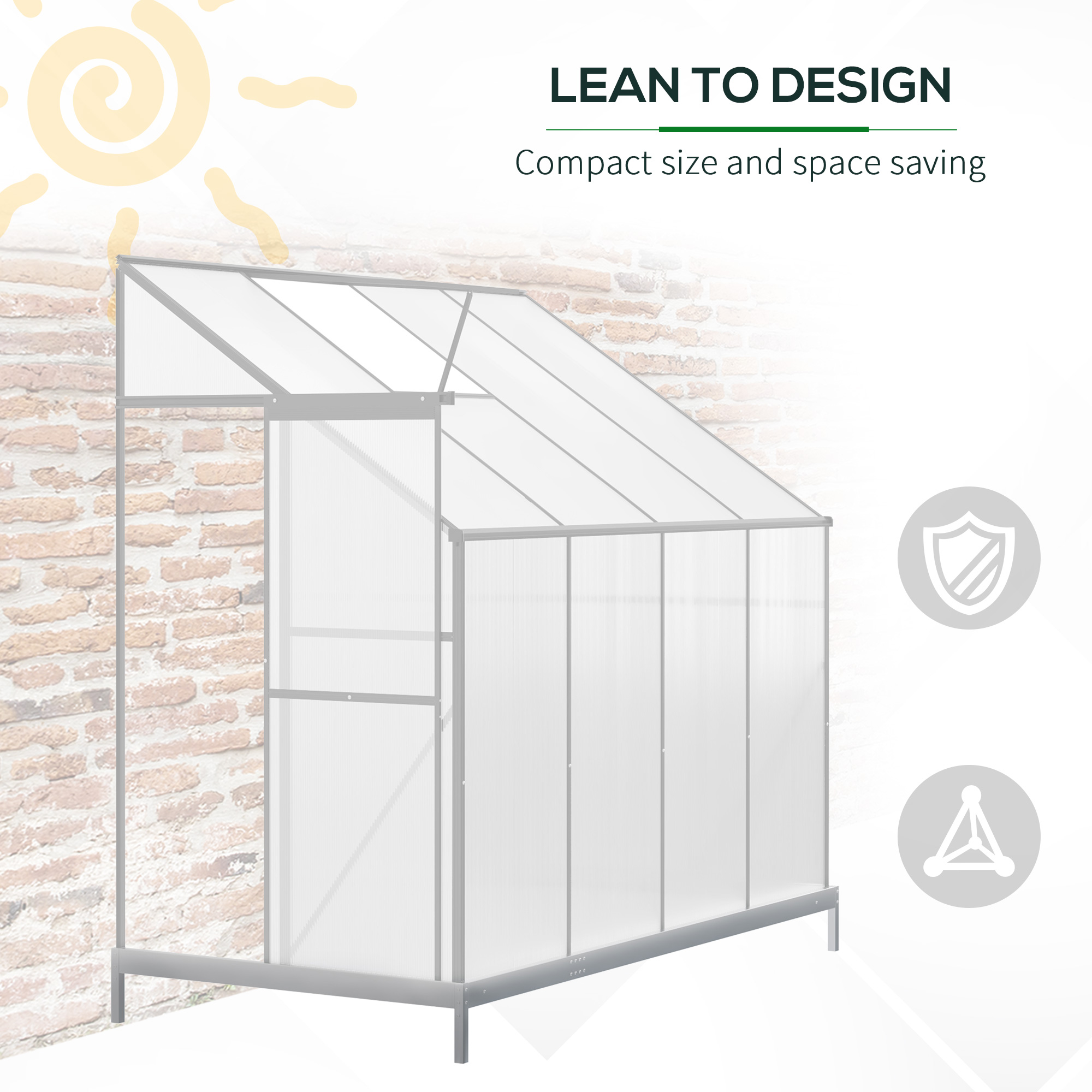 Outsunny Walk-In Lean to Greenhouse Garden Heavy Duty Aluminium Polycarbonate with Roof Vent for Plants Herbs Vegetables, Silver, 253 x 127 x 220 cm