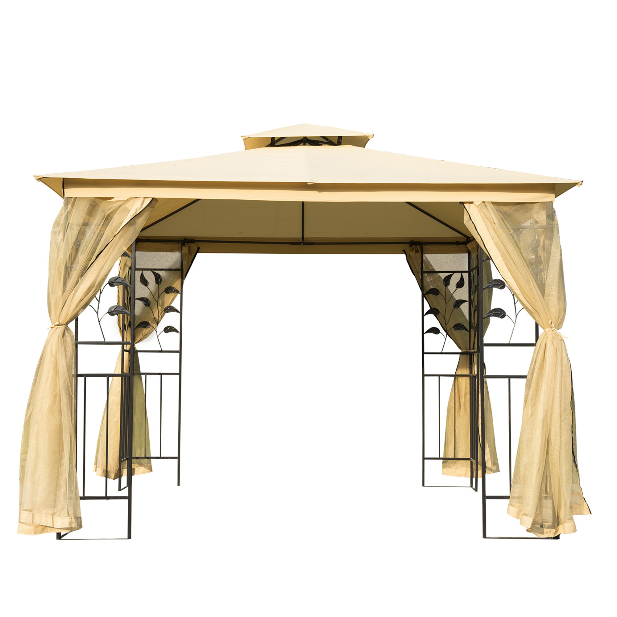 Outsunny Gazebo da Esterno o Giardino 3x3m con Zanzariera, Telaio in Acciaio e Doppio Tettuccio, Beige