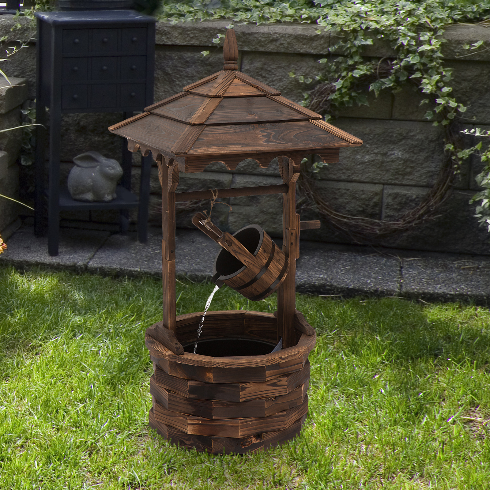 Outsunny Fir Wood Outdoor Garden DÃ©cor Wishing Well Waterfall