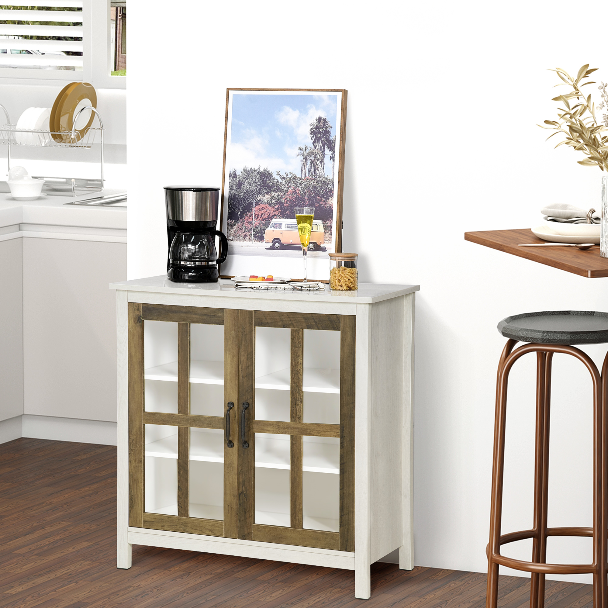 HOMCOM Kitchen Sideboard, Glass Door Storage Cabinet, Accent Cupboard with Adjustable Shelf for Dining Room, Living Room, Distressed White
