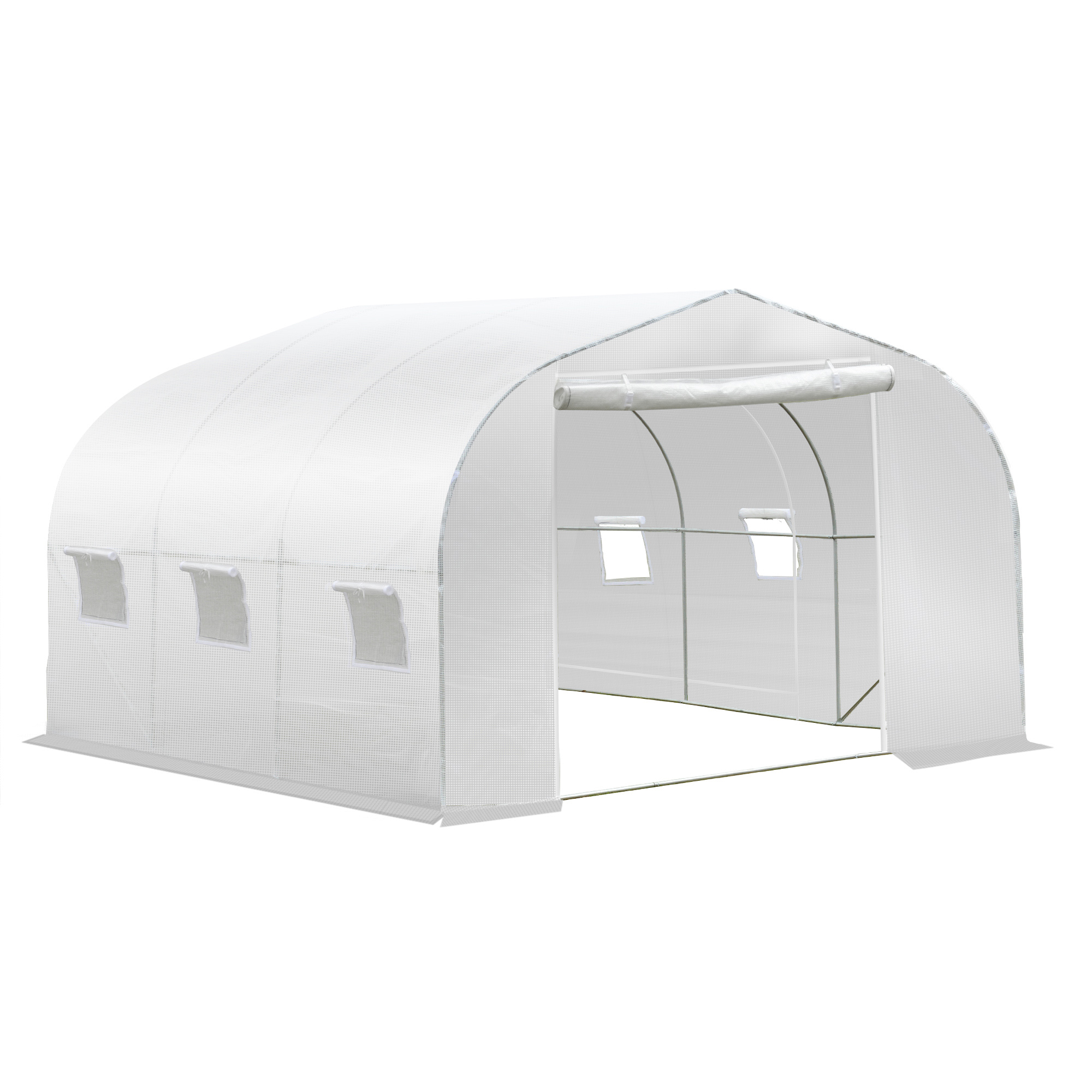 Outsunny Serre Tunnel de Jardin dim. 3,5L x 3l x 2H m Porte + 6 fenêtres enroulables Acier galvanisé bâche PE Haute densité Blanc