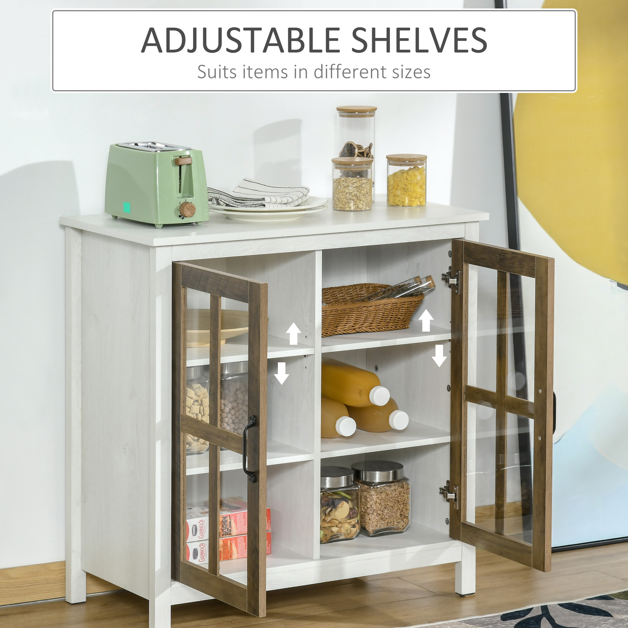 HOMCOM Kitchen Sideboard, Glass Door Storage Cabinet, Accent Cupboard with Adjustable Shelf for Dining Room, Living Room, Distressed White