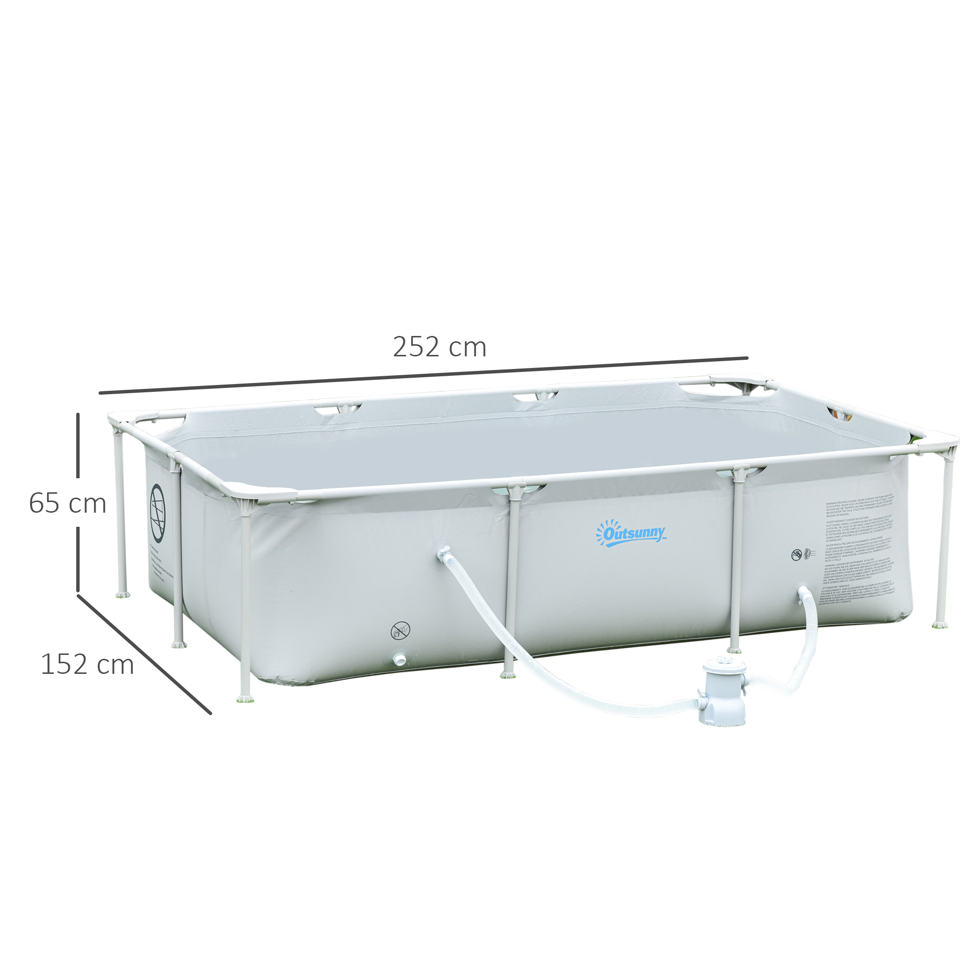 Outsunny Steel Frame Pool with Filter Pump and Filter Cartridge Rust Resistant Above Ground Pool with Reinforced Sidewalls, 252 x 152 x 65cm, Grey