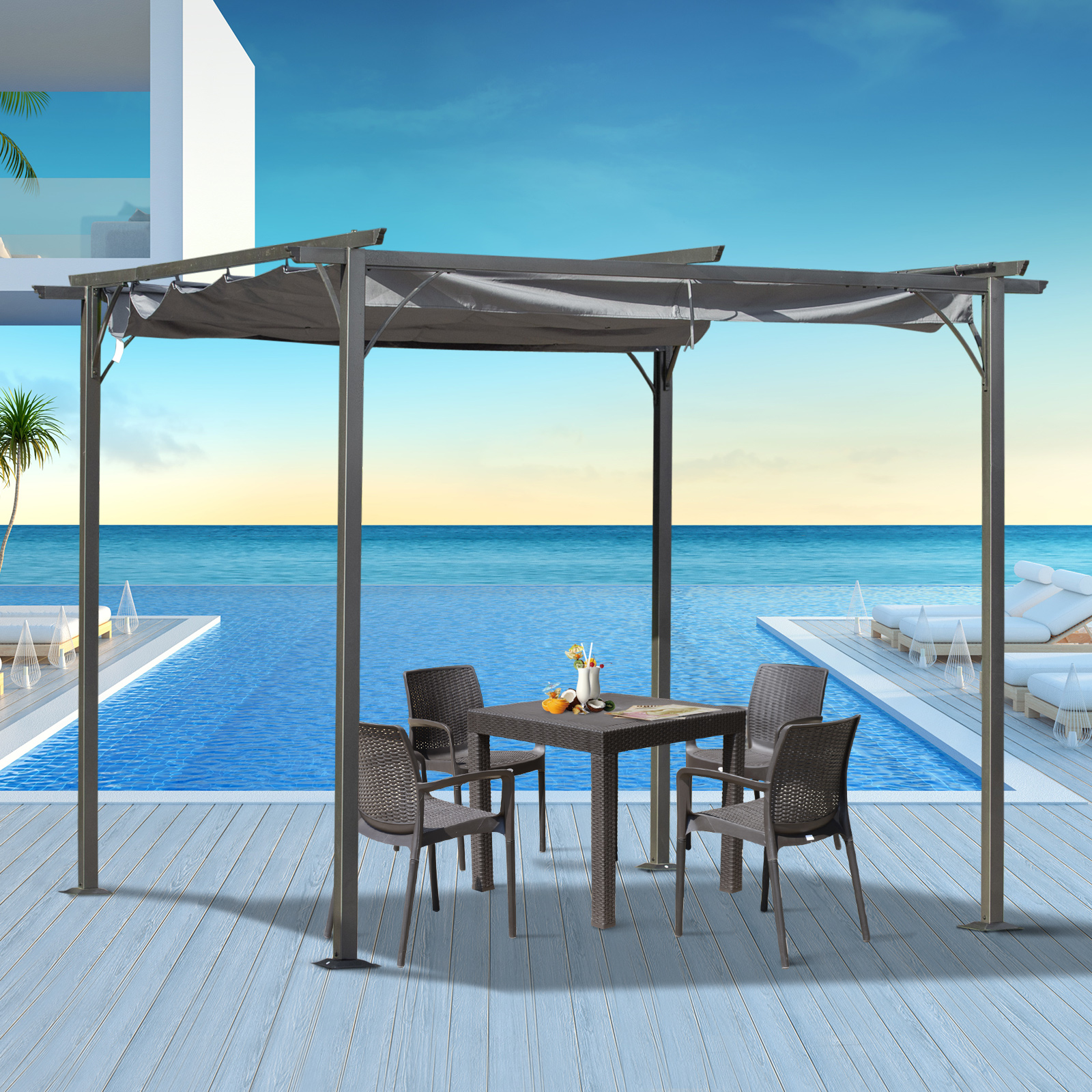 Outsunny 3x3 m Metal Pergola Gazebo Awning Retractable Canopy Outdoor