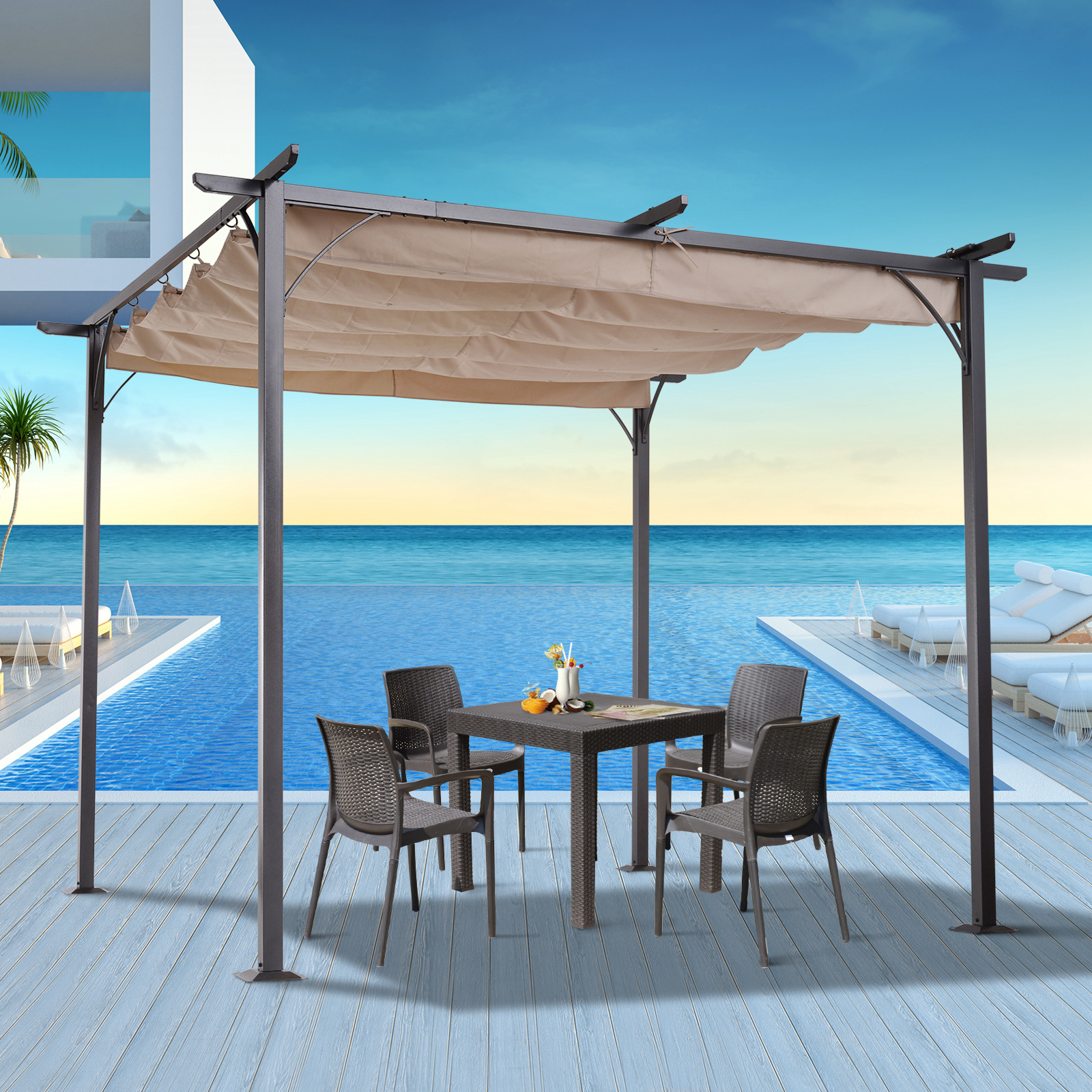 Outsunny Outdoor Steel Pergola Gazebo Porch Awning Retractable Canopy