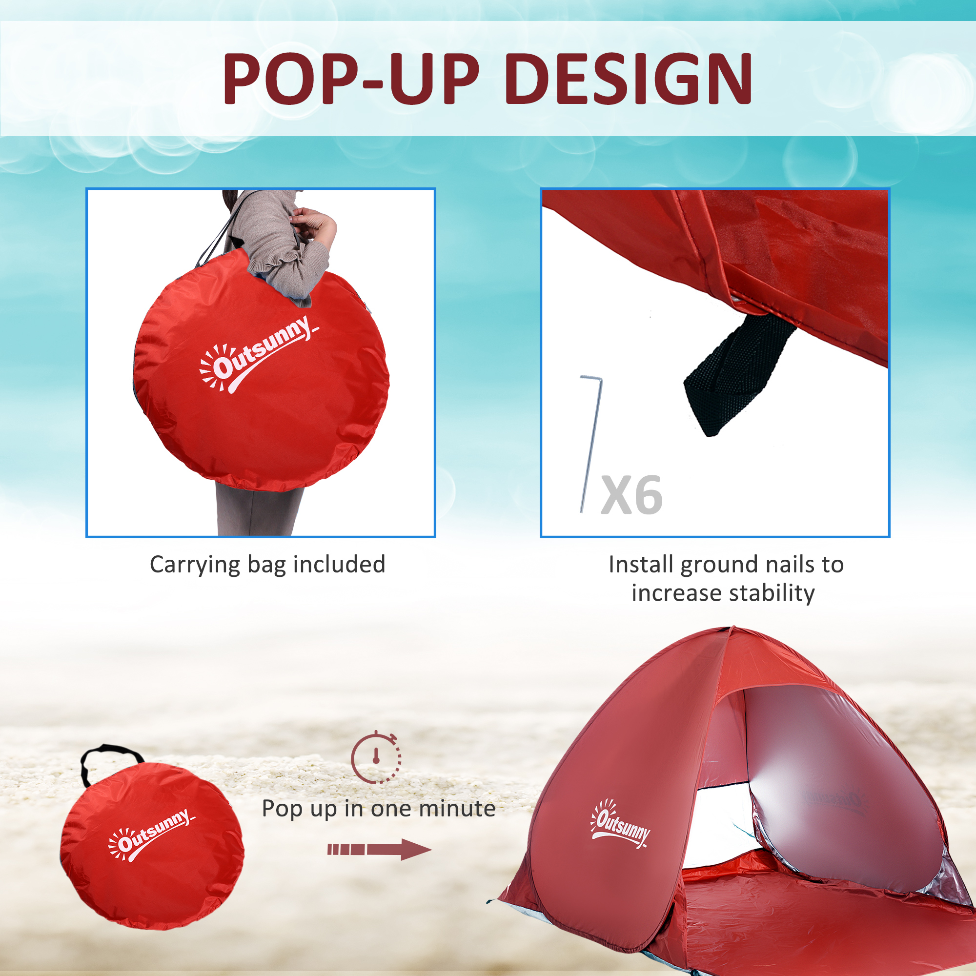Outsunny Portable Pop-Up Beach Tent for 2-3 Persons, UV Protection Sun Shade Shelter, Lightweight and Easy Setup, Red